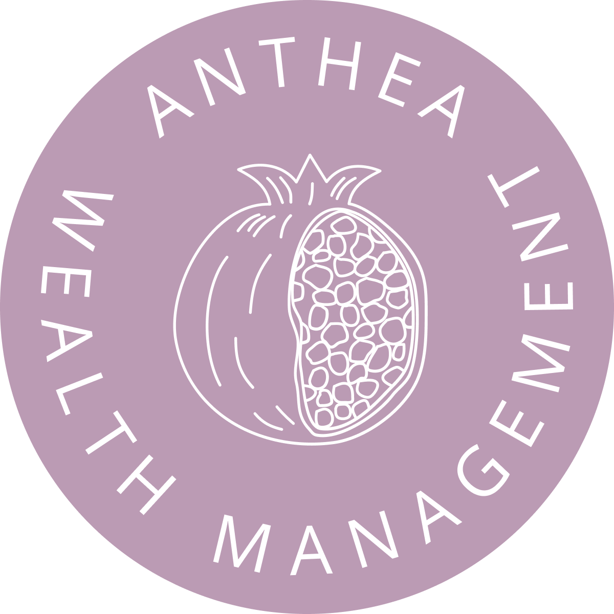 Anthea Wealth Management's brand mark of a purple circle with "ANTHEA WEALTH MANAGEMENT" written around the edge and a pomegranate showing the seed interior in the center.