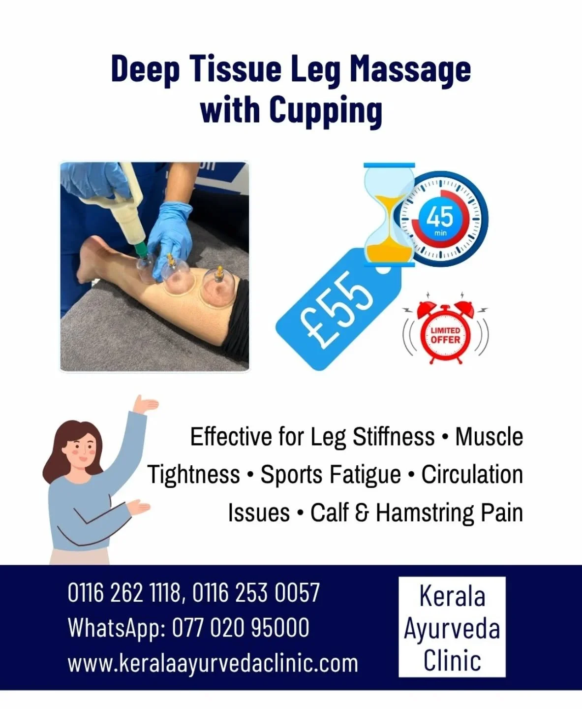 Sore, Tight, or Fatigued legs?

Deep Tissue Legs Massage with Cupping

Targets deep muscle layers to relieve tension, improve circulation, and support faster recovery.

🕒 Duration: 45 minutes | 💷 Price: &pound;55

📍 Kerala Ayurveda Clinic, 173 Bel