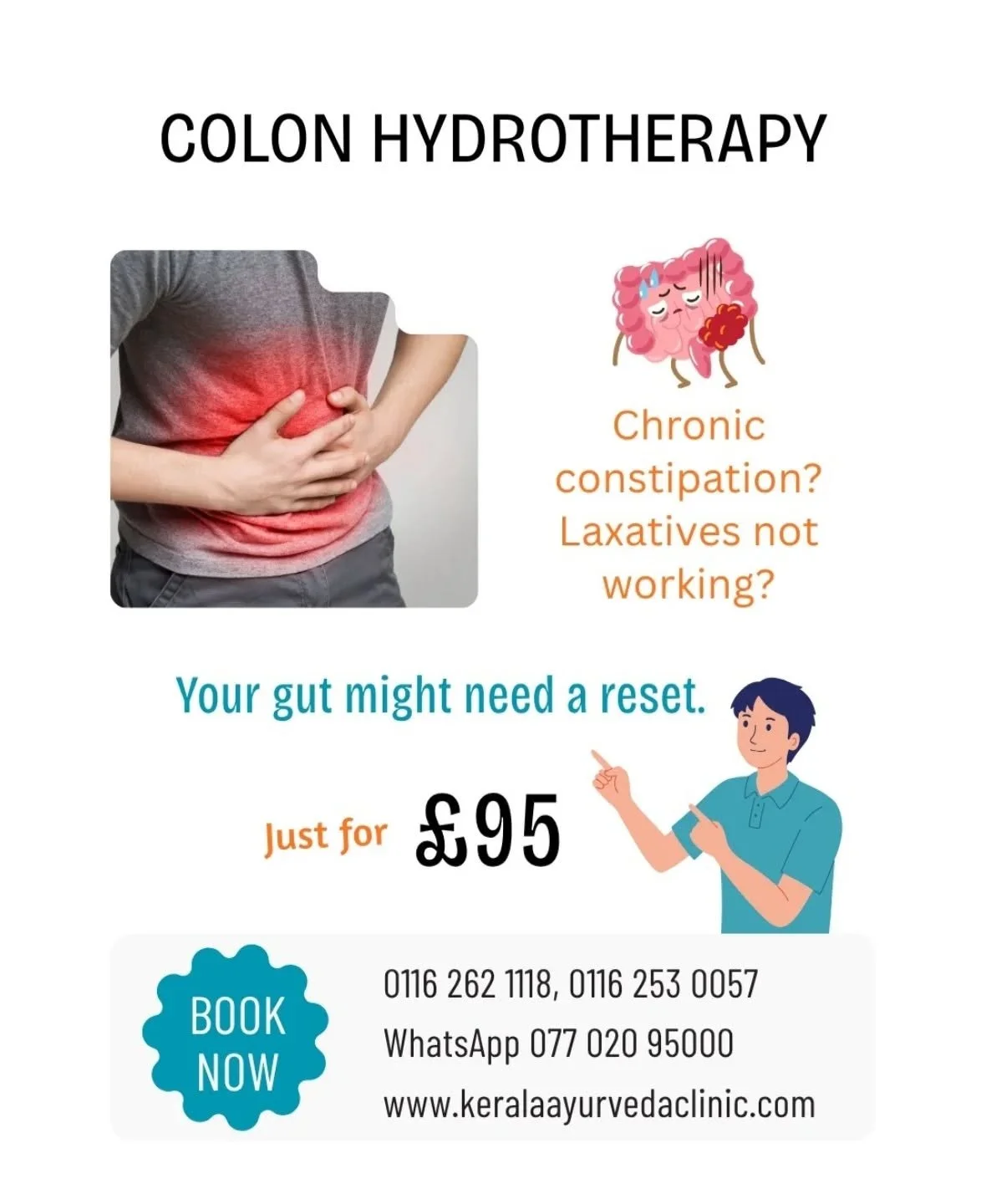 Cars get serviced — why not your gut? 🚗
💧 Colon Hydrotherapy – £95
Cleanse · Detox · Restore balance.
📍 Kerala Ayurveda Clinic
173 Belgrave Gate, Leicester LE1 3HS
📞 0116 262 1118 |  0116 253 0057
📲 WhatsApp 077