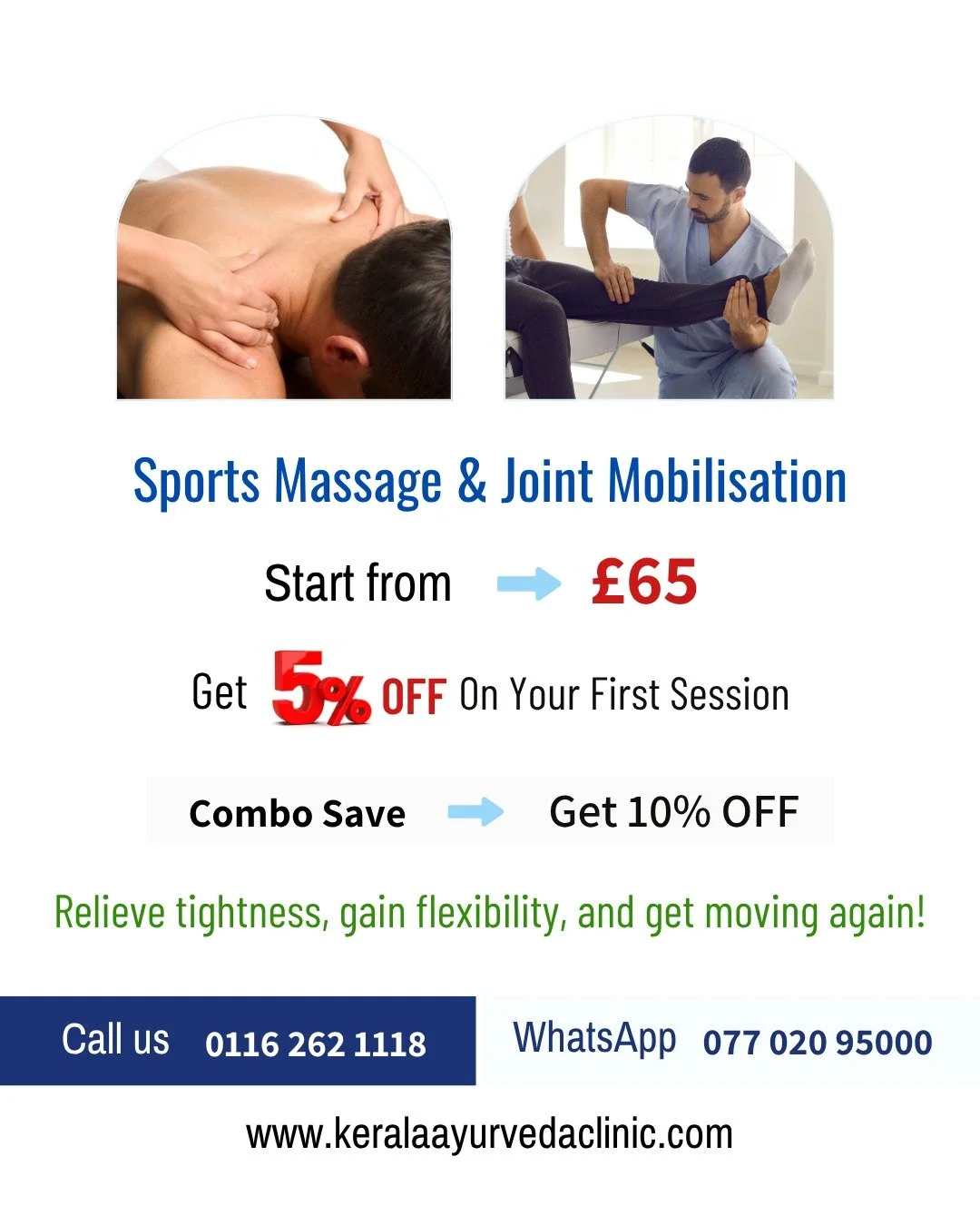 Leicester’s trusted recovery and pain-relief centre 🩵
Sports Massage & Joint Mobilisation – from £65
✨ 5 % OFF first session | 10 % OFF combo bookings
📍 Kerala Ayurveda Clinic, 173 Belgrave Gate LE1 3HS
📞 0116 262 1118 | ?