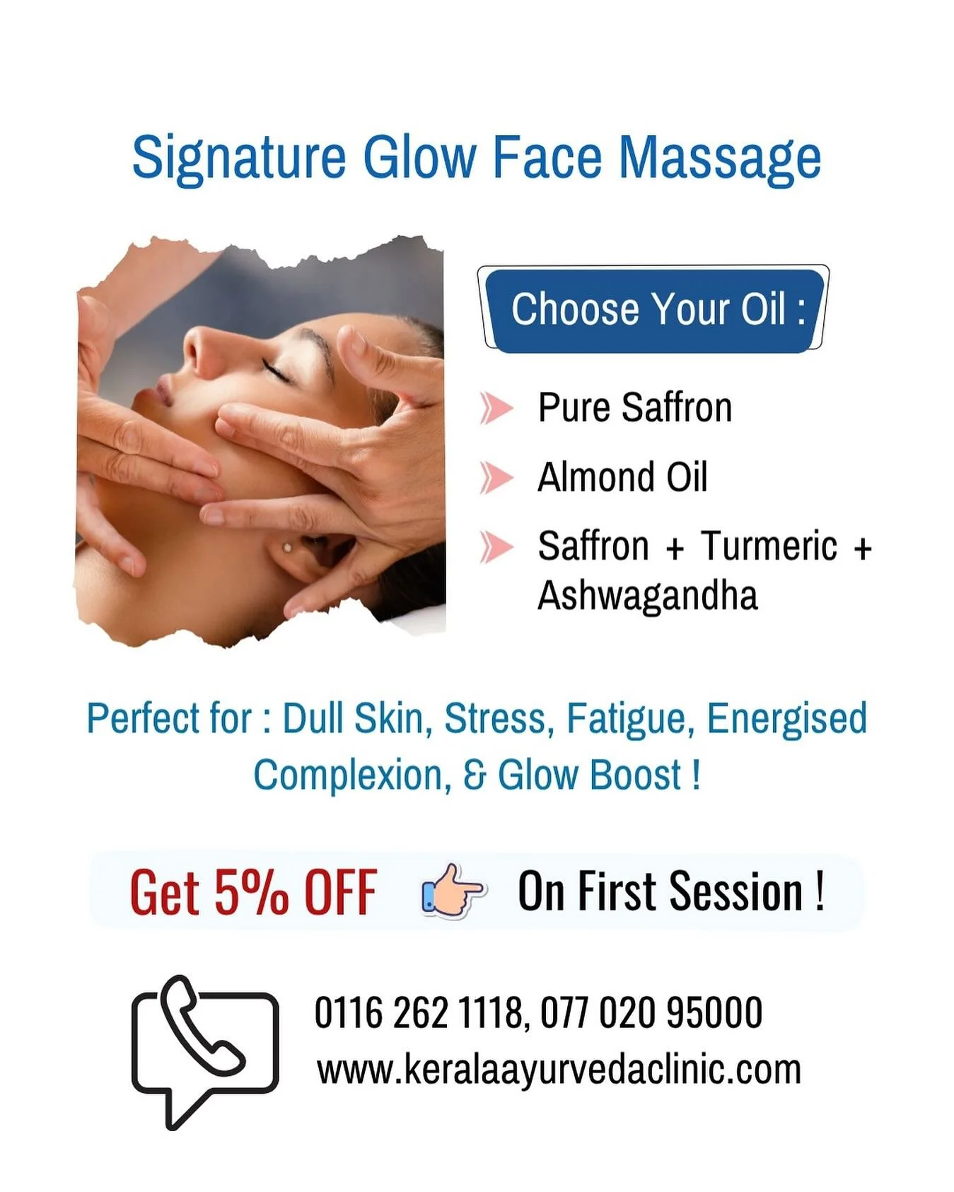 Leicester, if your skin feels tired and flat&hellip; this is your glow moment.

Signature Glow Face Massage
Choose your oil: Pure Saffron / Glow Blend / Almond.

Get 5% OFF on your first session! 

Kerala Ayurveda Clinic
173 Belgrave Gate, Leicester 