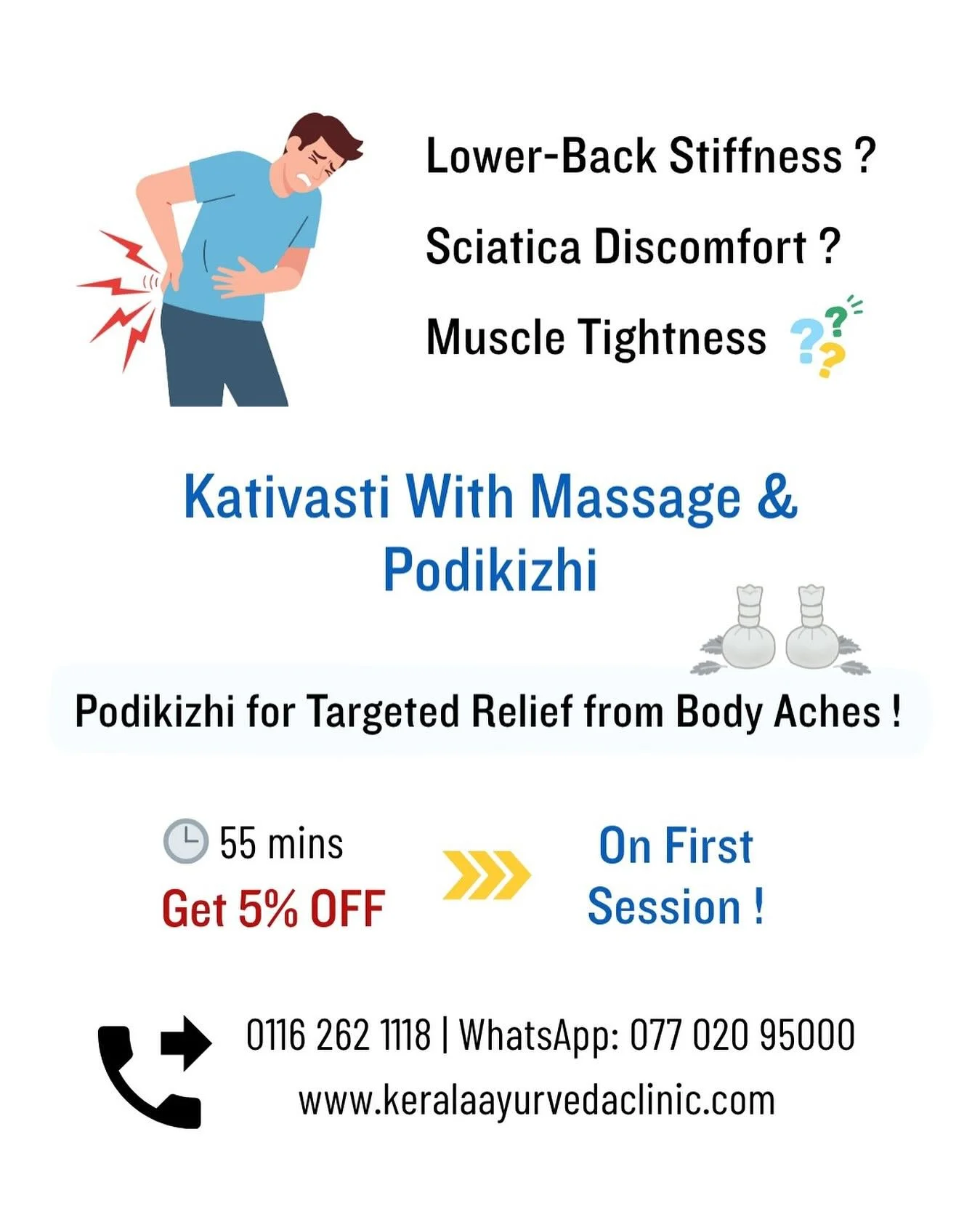 Kativasti with Massage &amp; Podikizhi

Ayurvedic relief for lower back pain, stiffness &amp; chronic tension.

🕒 55 Minutes
💻 Book Online | Save 5% on Your First Session + Loyalty Rewards

📍 Kerala Ayurveda Clinic | 173 Belgrave Gate, Leicester L