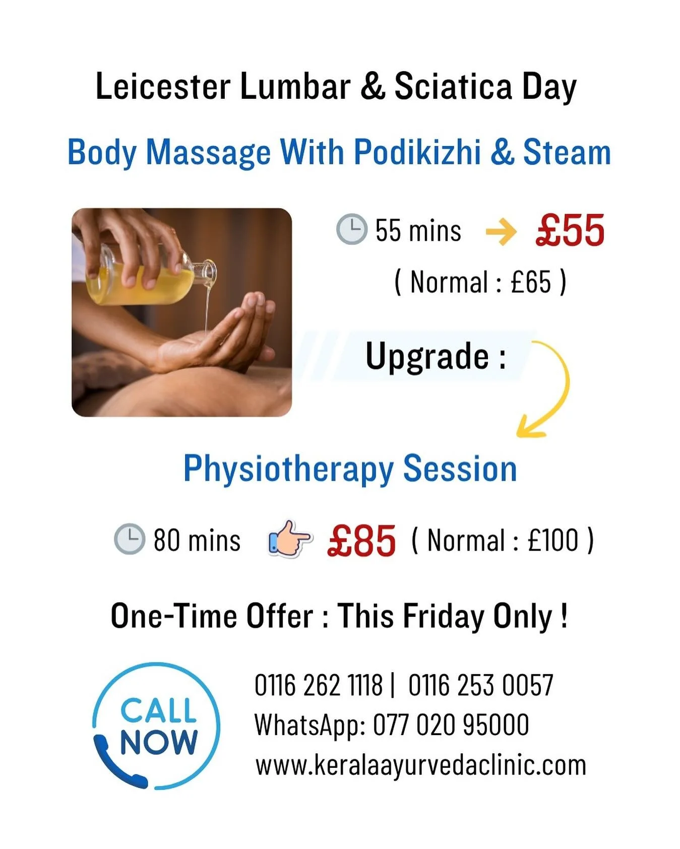 If standing, sitting, or walking triggers discomfort &mdash;
Friday has two structured back-care sessions.

Body Massage with Podikizi with Steam - 55 minutes - &pound;55 (Normal &pound;65)

Upgrade with Physiotherapy Session with Body Massage with P