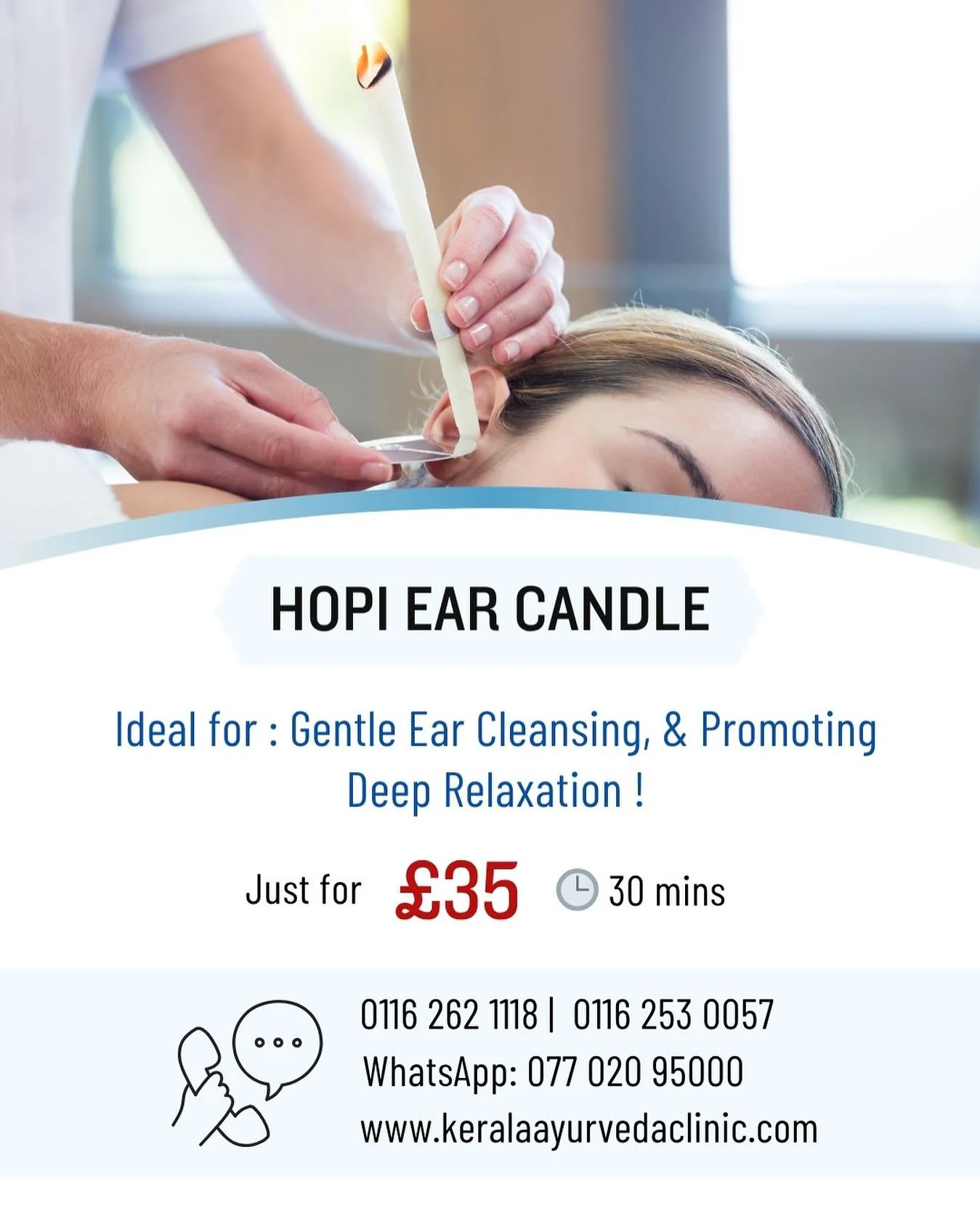 Hopi Ear Candle - Just &pound;35 

A calming and natural therapy that may helps with earwax removal, sinus congestion, and stress relief! 

🕒 30 Minutes
💷 &pound;35

📍 Kerala Ayurveda Clinic | 173 Belgrave Gate, Leicester LE1 3HS
📞 0116 262 1118 