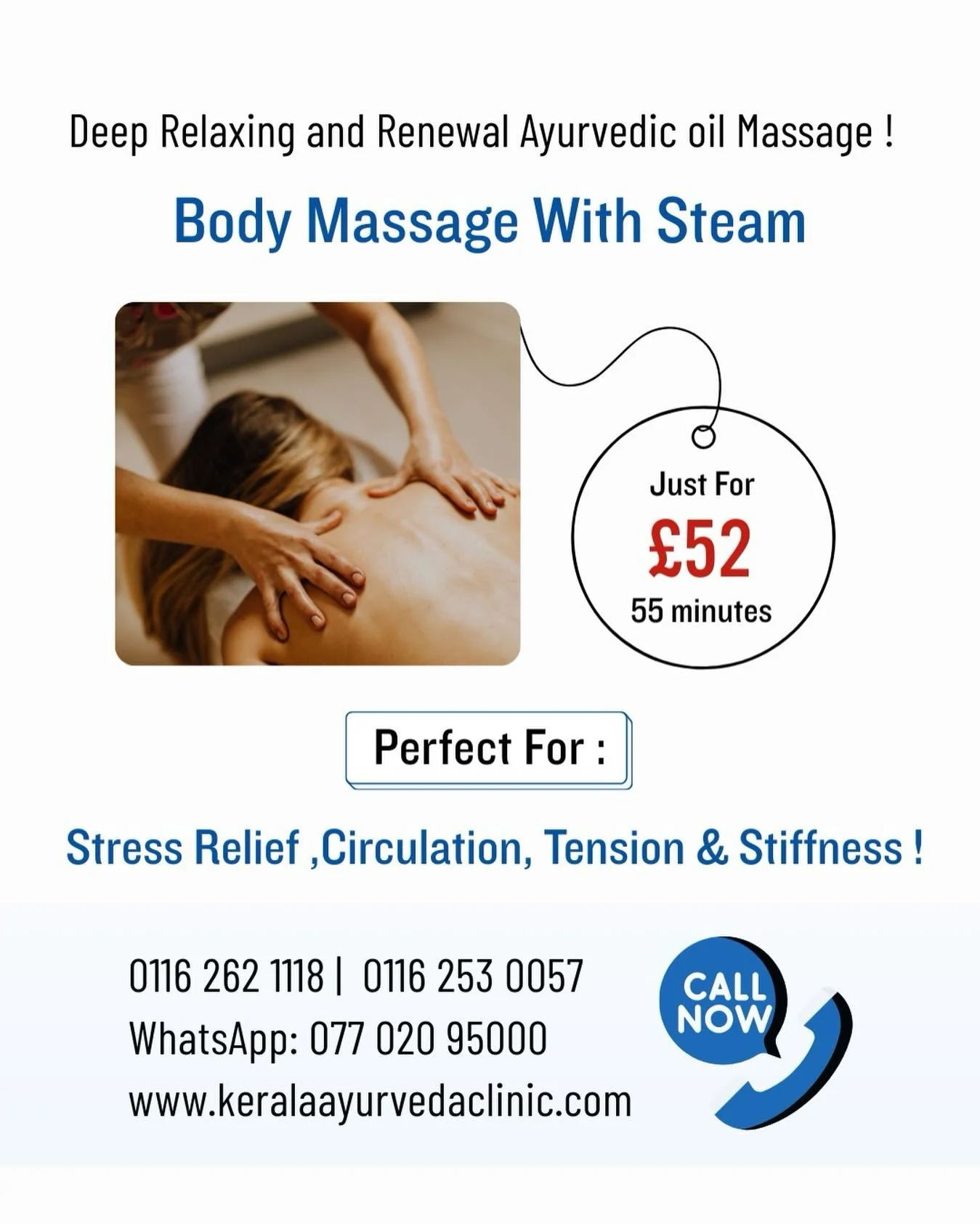 Tension, body aches or stiffness?
We&rsquo;ve got you covered.

🌿 Body Massage with Steam
⏱️ 55 Minutes &middot; 💷 &pound;52

Includes full-body Ayurvedic massage and herbal steam therapy for deep relaxation and muscle relief.

📍 Kerala Ayurveda C