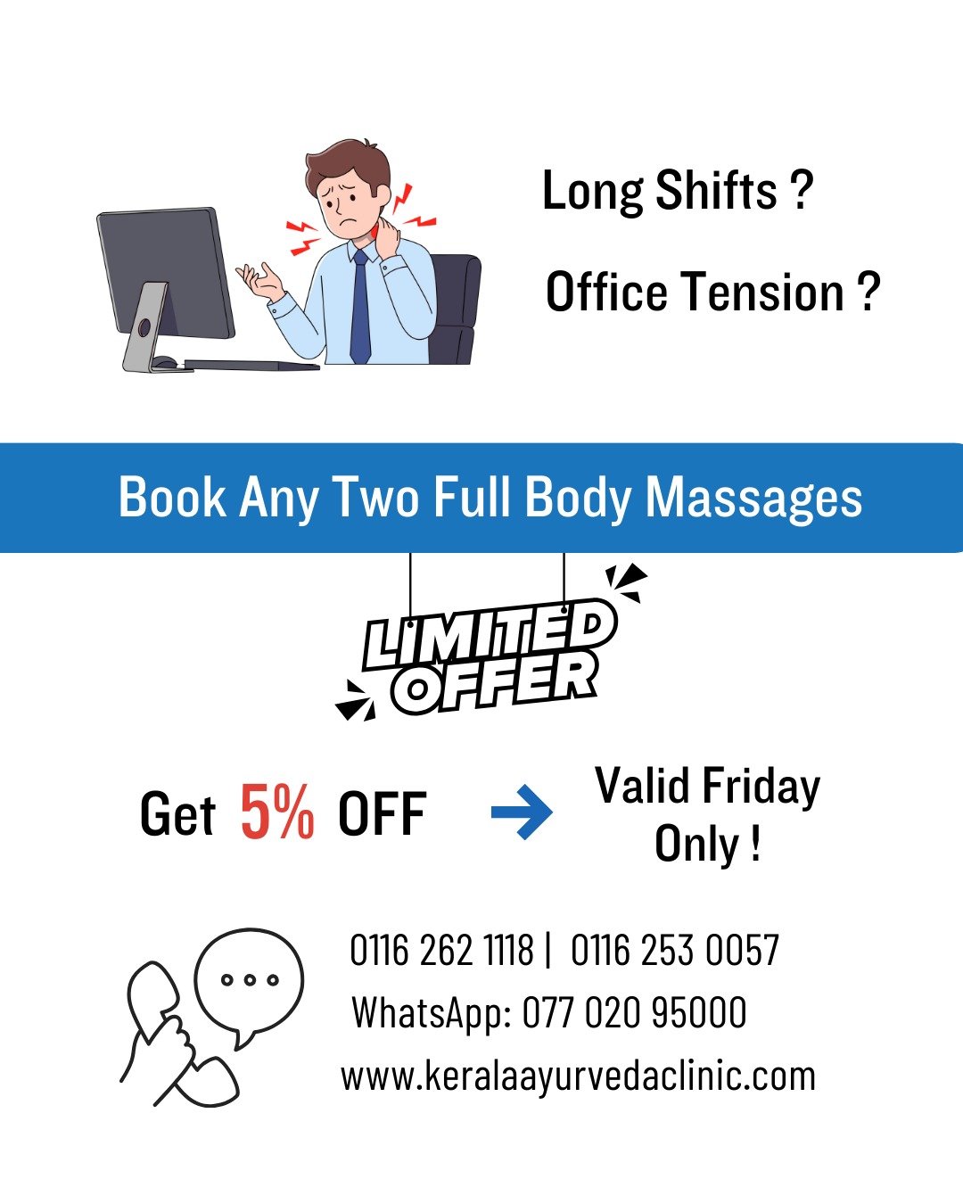 Long shifts or office tension?

Book Any Two Full Body Massages
and get 5% OFF &mdash; Valid Friday only.

Kerala Ayurveda Clinic
173 Belgrave Gate, Leicester LE1 3HS
📞 0116 262 1118 &middot; 📲 07702095000
www.keralaayurvedaclinic.com

#leicester #