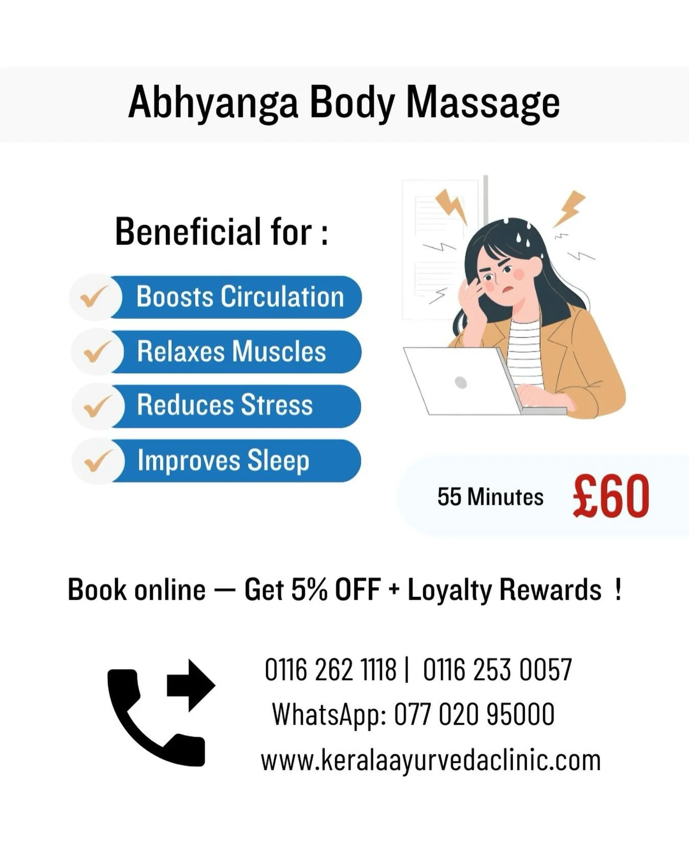 Feeling stressed, tired, or low on energy?

Abhyanga Body Massage
Full-Body Ayurvedic Massage
55 minutes | &pound;60

Kerala Ayurveda Clinic, Leicester
📞 0116 262 1118
📲 07702 095000
www.keralaayurvedaclinic.com

#Leicester #Leicestershire #Leicest