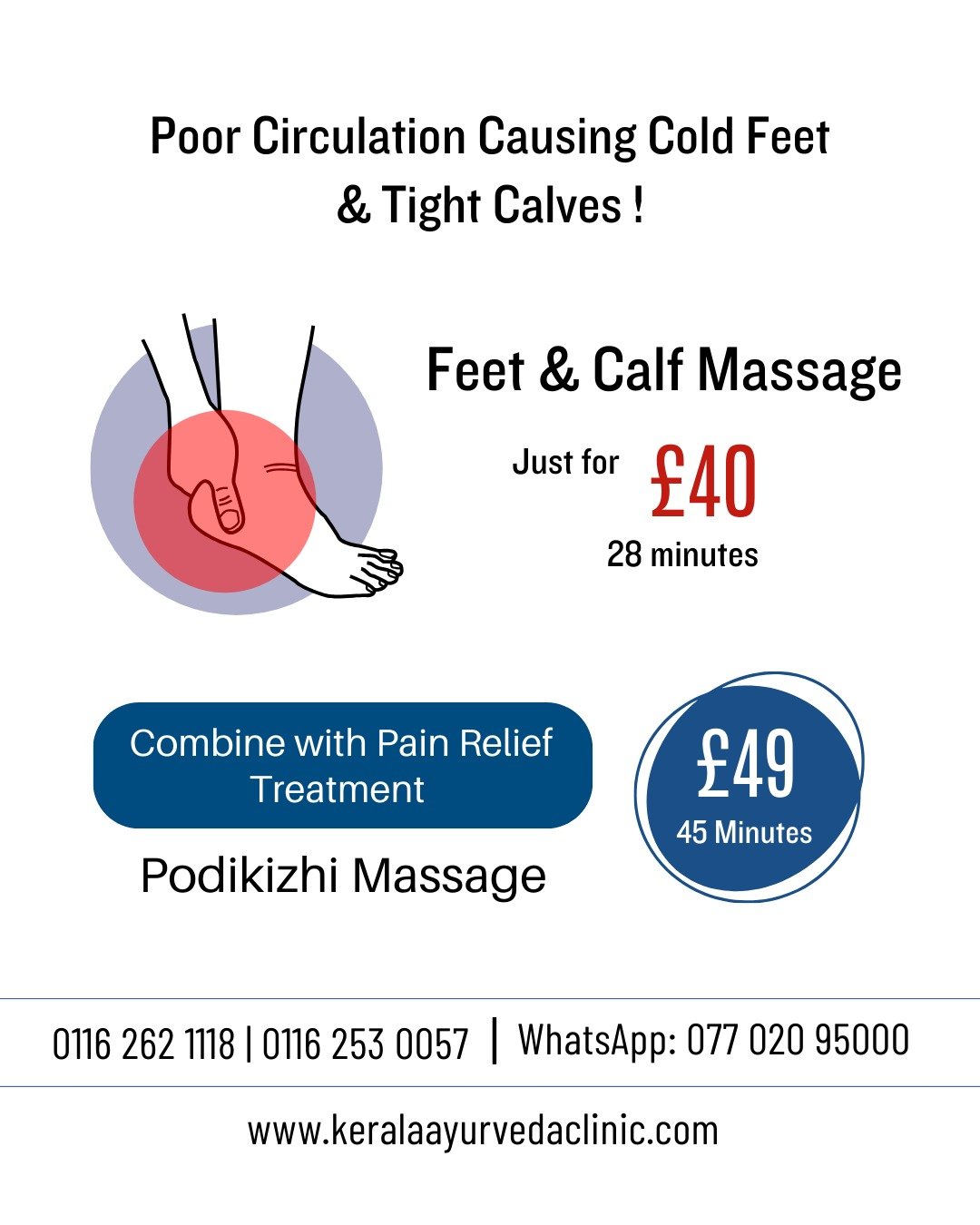 Swelling, poor circulation &amp; tired legs?
Give your feet and calves the care they deserve !

👣 Feet &amp; Calf Massage
⏱️ 28 minutes | &pound;40
Upgrade with Podikizhi Massage
⏱️ 45 minutes | &pound;49

🌐 Book online &amp; get 5% OFF

📍 Kerala 