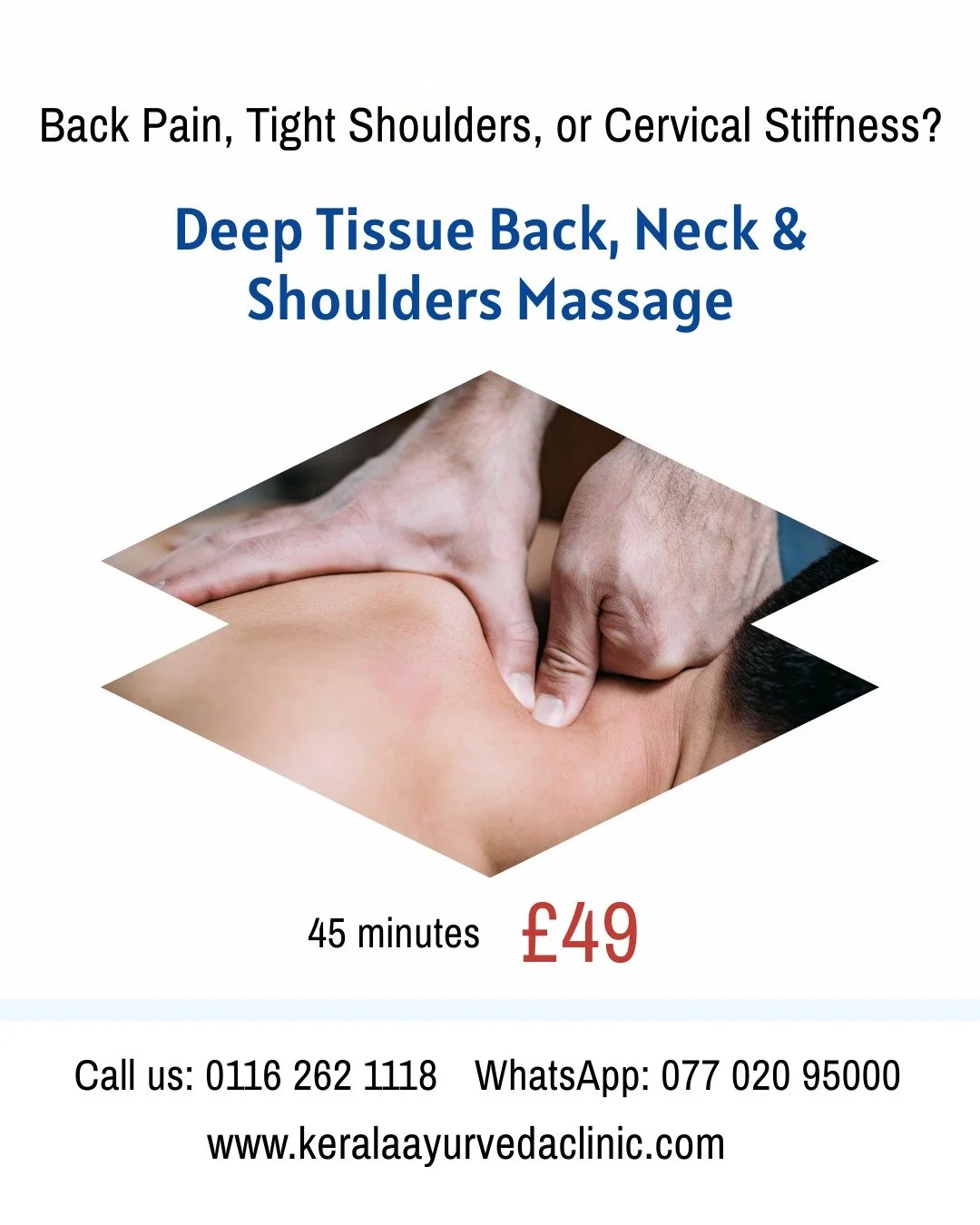Long hours leaving your back, neck, and shoulders tense?

Deep Tissue Back, Neck &amp; Shoulders Massage
45 minutes &middot; &pound;49

Relieves deep muscle tension, stiffness, and stress !

📍 Kerala Ayurveda Clinic
173 Belgrave Gate, Leicester LE1 