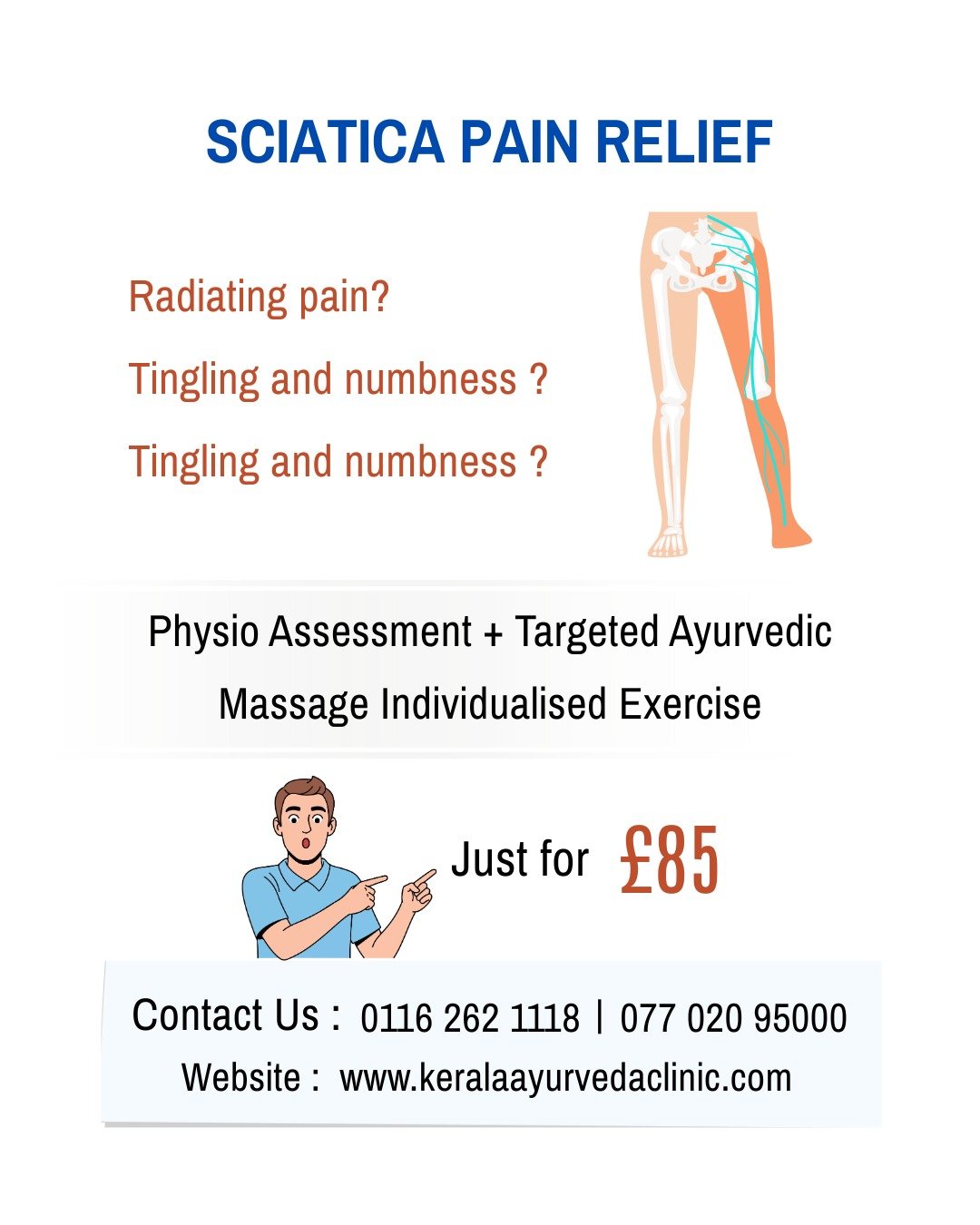 Struggling with burning pain from your lower back down your leg?

Sciatica Pain Relief 
Physio Assessment + Targeted Ayurvedic Massage + Individualised Exercises

60 minutes &middot; &pound;85

Designed to reduce sciatic nerve compression, muscle tig