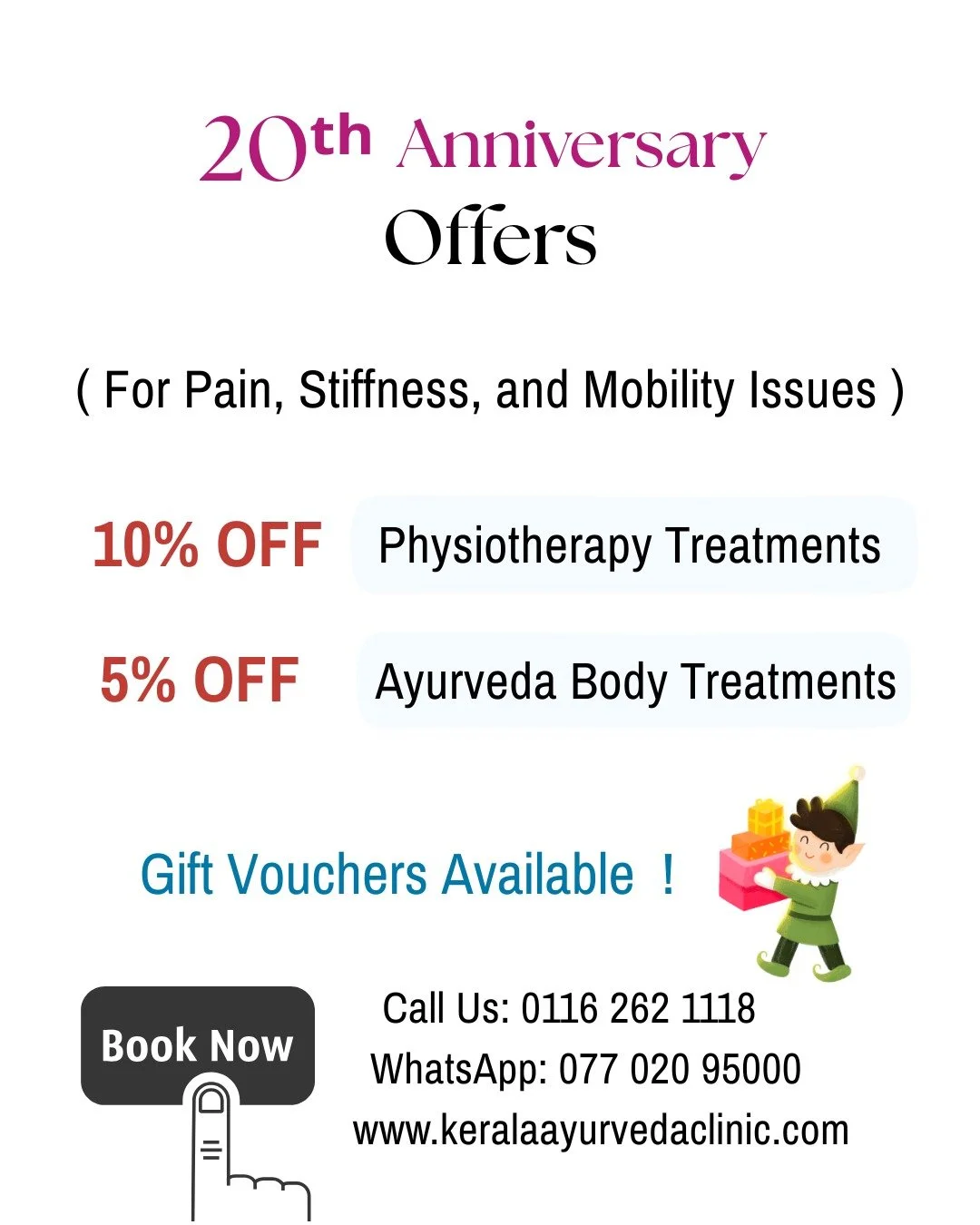 Leicester &mdash; January is recovery season.
🎉 20th Anniversary Offers (Jan 2026)
✅ 10% OFF Physiotherapy
✅ 5% OFF Ayurveda body treatments

Perfect if you&rsquo;re dealing with: back pain, sciatica, neck/shoulder tightness, joint pain, post-work s