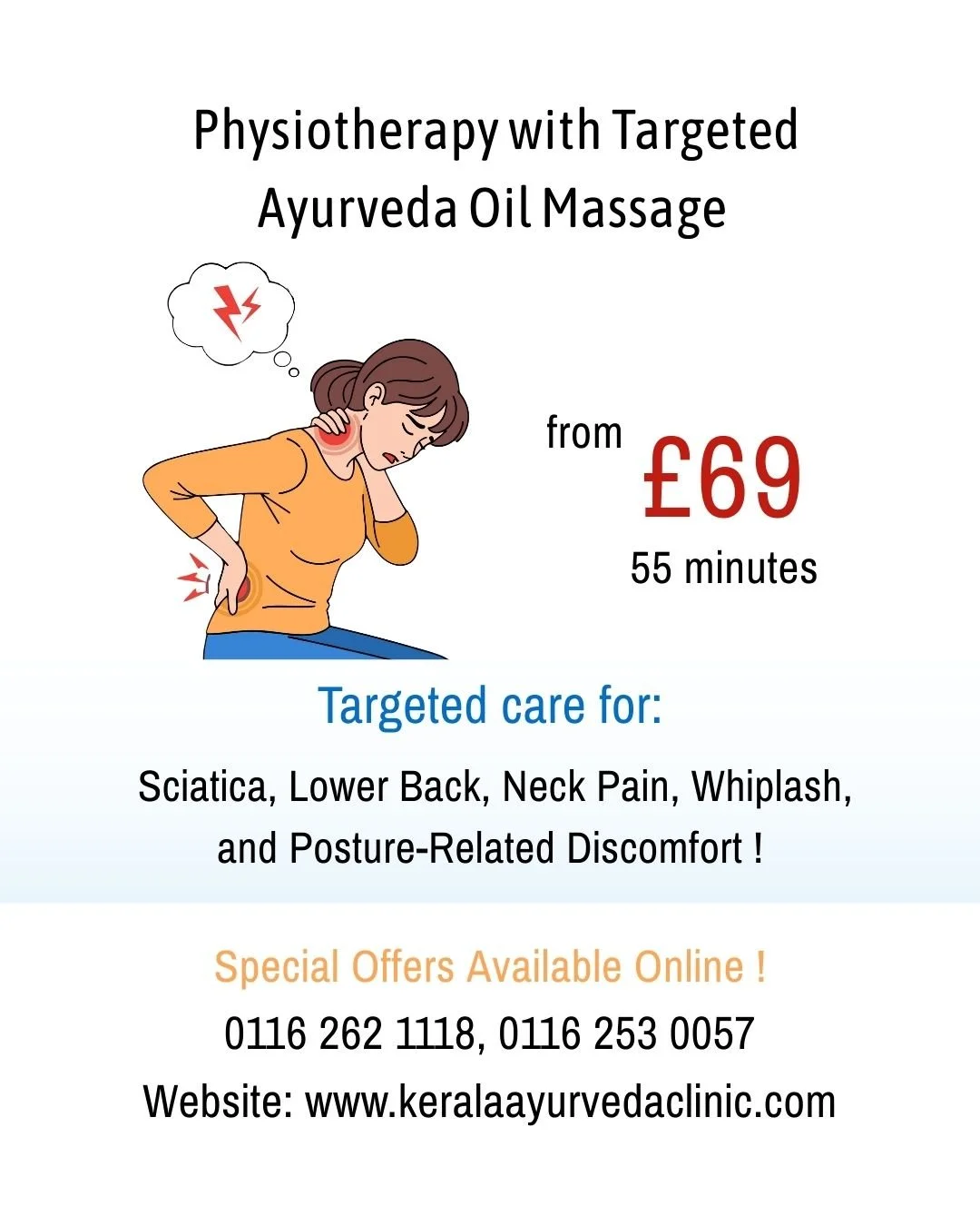Back pain, muscle stiffness, or posture-related discomfort?

Physiotherapy with Targeted Ayurveda Oil Massage

Assessment-based treatment supporting pain relief, mobility, and muscle recovery.

 55-minute session | From &pound;69

📍 Kerala Ayurveda 