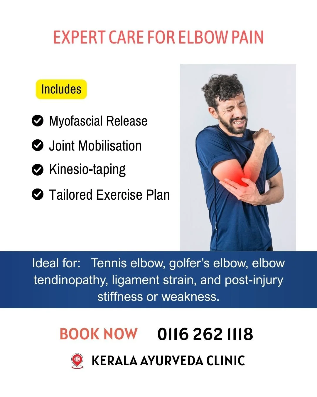 Persistent elbow pain, stiffness, or limited movement?

Expert Care for Elbow Pain

Our treatment includes:
Myofascial Release
Joint Mobilisation
Kinesio Taping
Tailored Exercise Plan

📍 Kerala Ayurveda Clinic
 173 Belgrave Gate, Leicester LE1 3HS
 
