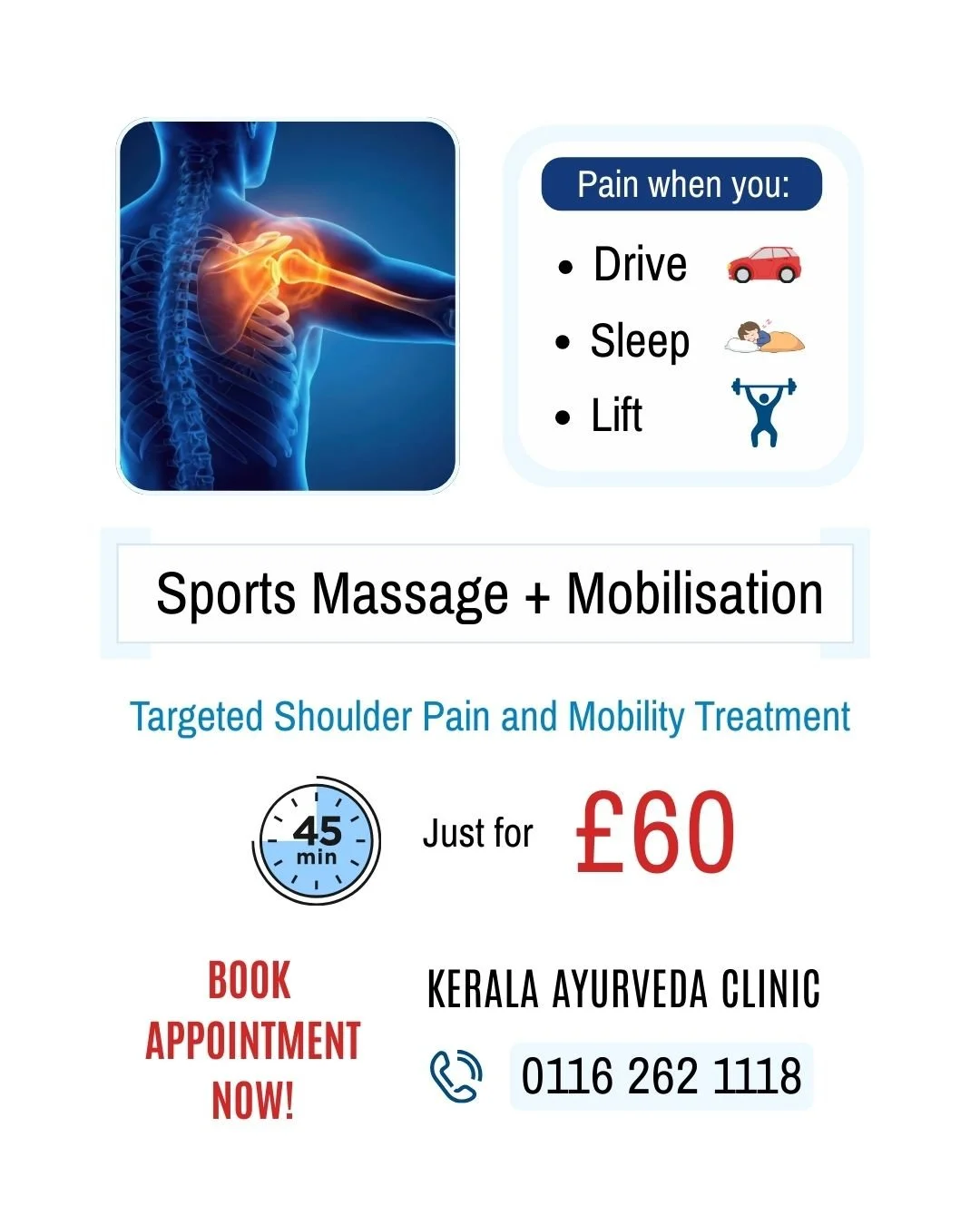 Shoulder pain or restricted movement?

Sports Massage with Mobilisation
 45 minutes | &pound;60

📍 Kerala Ayurveda Clinic
 173 Belgrave Gate, Leicester LE1 3HS
 📞 0116 262 1118 | WhatsApp &amp; calls: 0116 253 0057
 📱 077 020 95000
 🌐 www.keralaa