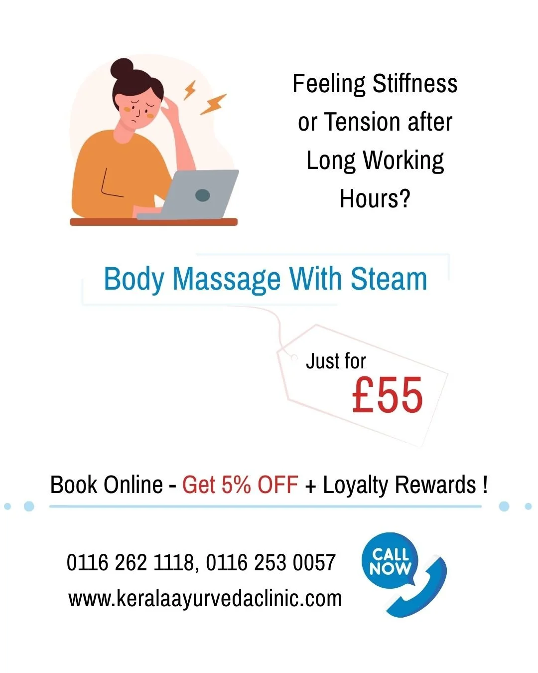 Feeling body stiffness, muscle tension, or general aches?

Body Massage with Steam
55 minutes | &pound;55
Book online and get 5% off

📍 Kerala Ayurveda Clinic
 173 Belgrave Gate, Leicester LE1 3HS
 📞 0116 262 1118 |📱 077 020 95000
 🌐 www.keralaay
