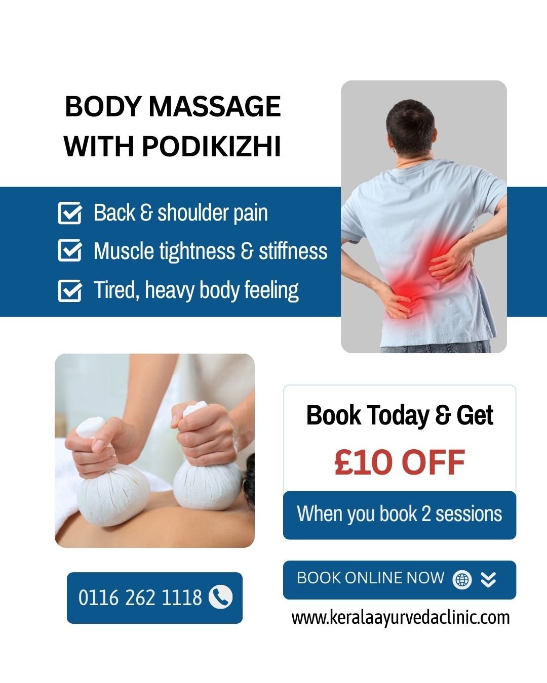 Body Massage with Podikizhi

Suitable for muscle recovery and ongoing muscle discomfort.

Limited-time offer
 👉 2 sessions &middot; &pound;10 OFF total
 📅 Tomorrow only

📍 Kerala Ayurveda Clinic
 173 Belgrave Gate, Leicester LE1 3HS
 📞 0116 262 1