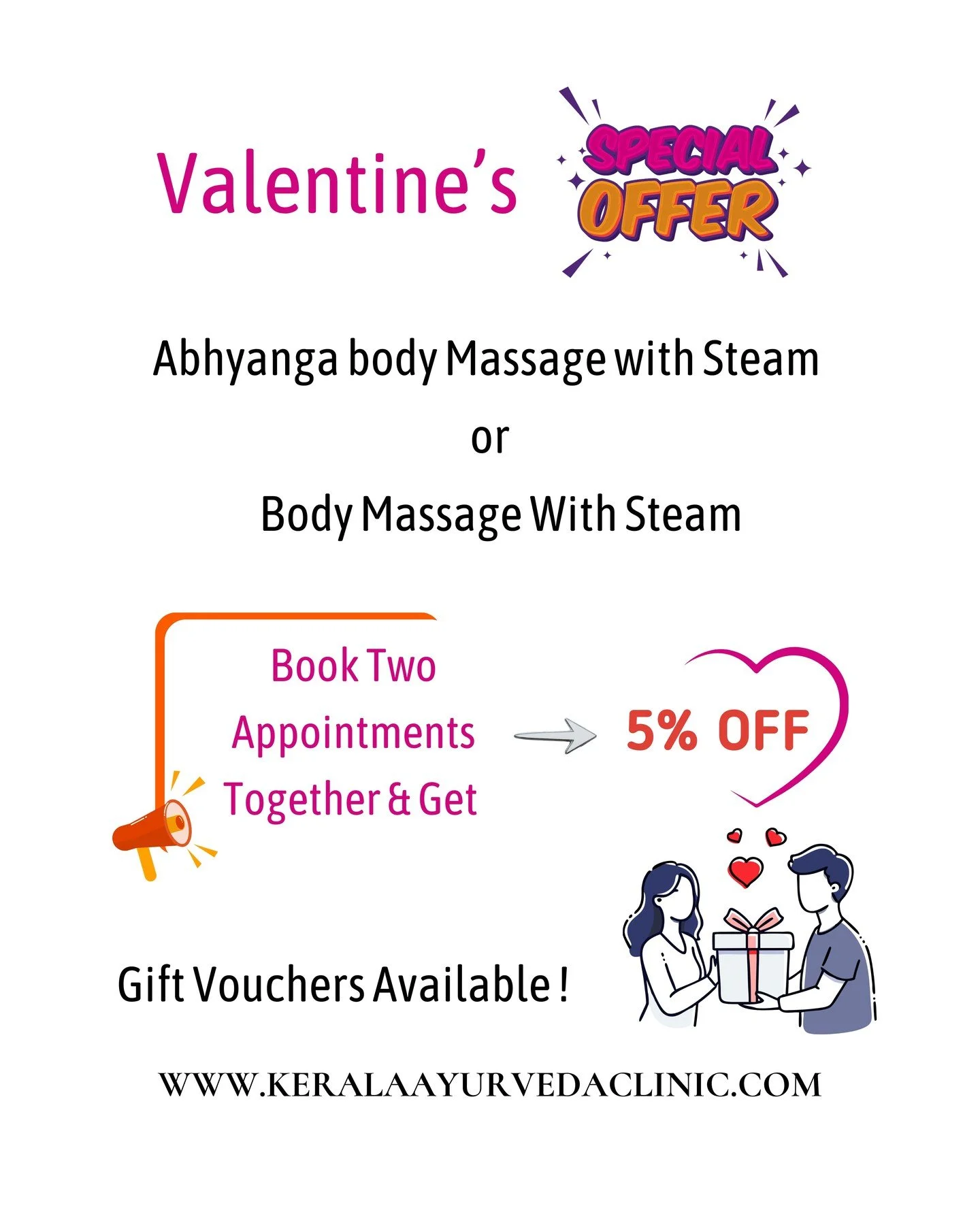 Valentine&rsquo;s Special Offer Flowers fade. Results last longer. 😊 Abhyanga Body Massage with Steam or Body Massage With Steam Book Two Appointments Together &amp; Get 5% OFF Treat your loved one properly this week. Gift Vouchers Available Kerala 