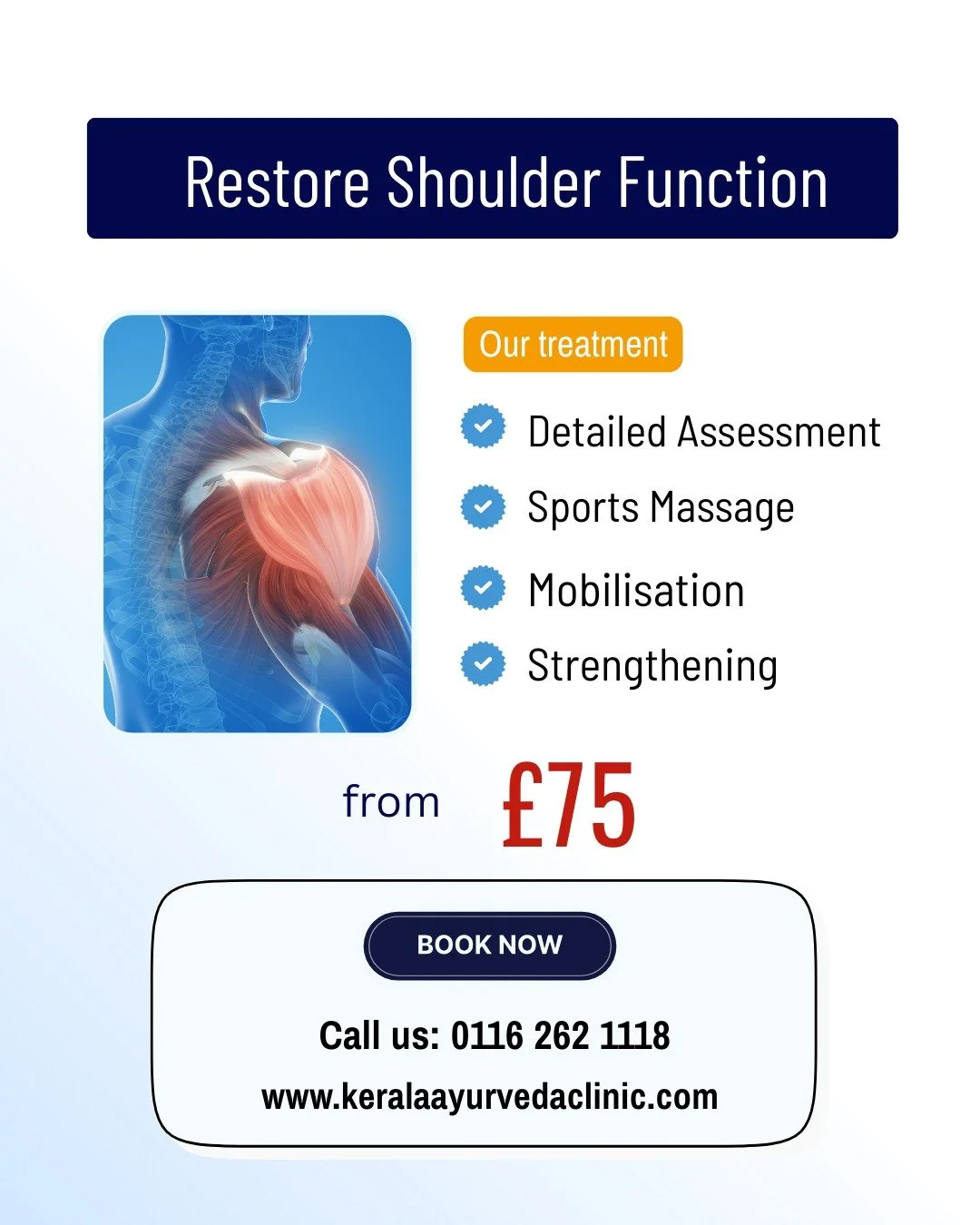 Struggling with frozen shoulder, impingement or sports-related shoulder injury?

Our physiotherapy-led treatment combines clinical assessment, manual therapy and targeted rehabilitation to restore function.

Treatment starts from &pound;75.

Book you