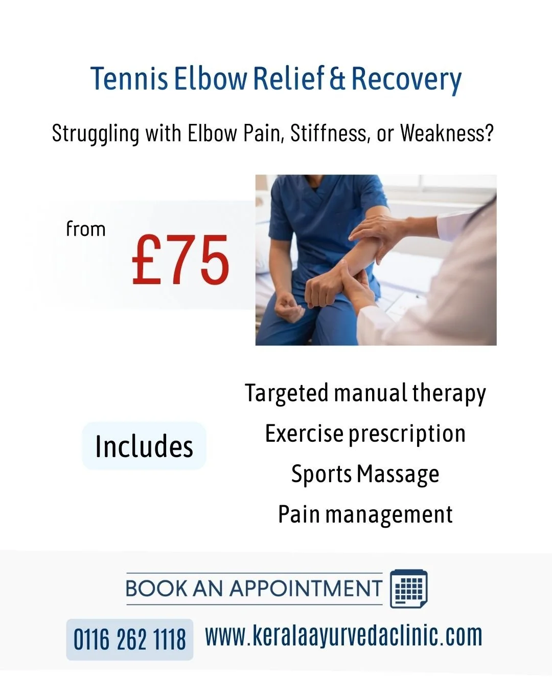 Tennis Elbow Relief &amp; Recovery
Elbow pain affecting grip strength, lifting, or daily activity?
Physiotherapy with Targeted Therapeutic Massage
 Supporting pain reduction, tendon recovery, and functional movement.
From &pound;75

📍 Kerala Ayurved