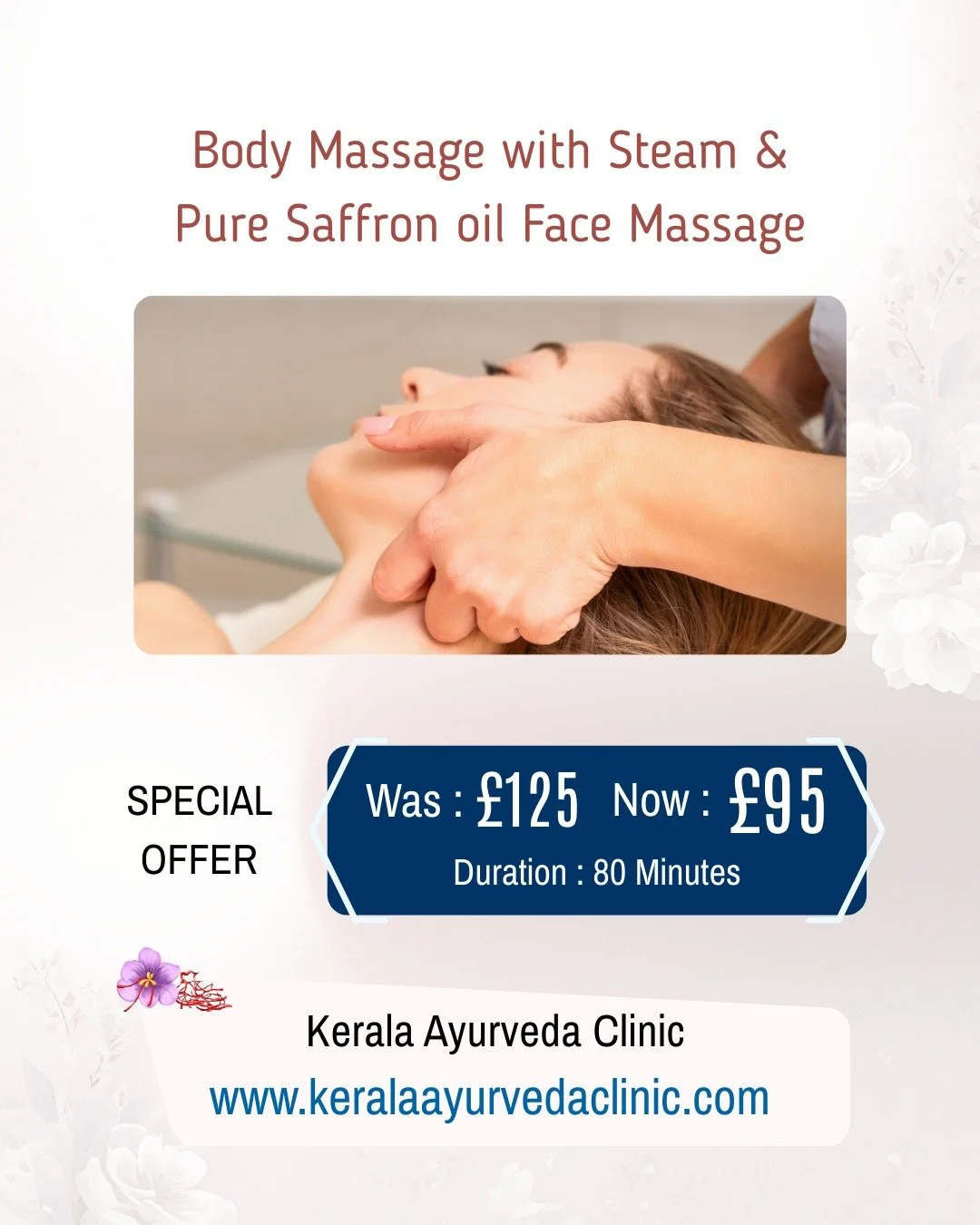 Cold weather. Stiff muscles. Dull skin?

Body Massage with Steam &amp; Pure Saffron oil Face Massage - 80 Minutes

Now &pound;95

Supports circulation, muscle recovery and facial muscle tension.

Kerala Ayurveda Clinic
173 Belgrave Gate
Leicester LE1