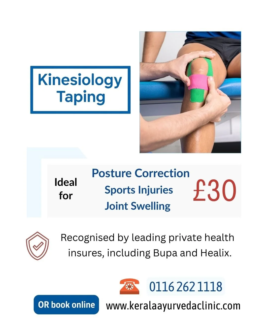 Kinesiology Taping
Support for muscle strain, joint stress, and sports injuries.

Applied to reduce discomfort and improve movement during recovery.

From &pound;30

📍 Kerala Ayurveda Clinic
 173 Belgrave Gate, Leicester LE1 3HS
📞 0116 262 1118 | 0