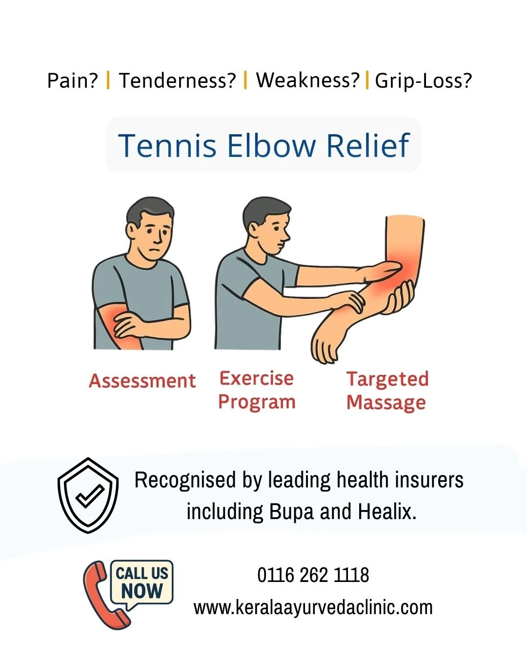 Tennis Elbow Treatment Leicester 
Elbow pain affecting grip, lifting, or daily activities?

Physio Assessment + Targeted Massage + Exercise Programme
From &pound;75

Kerala Ayurveda Clinic
 173 Belgrave Gate LE1 3HS
 📞 0116 262 1118 | 0116 253 0057
