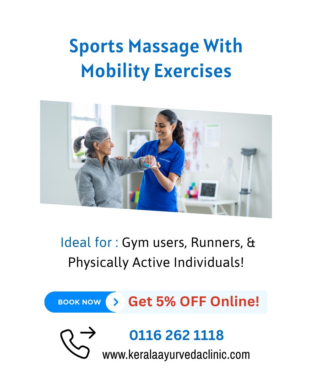 Sports injury slowing you down?

Sports Massage with Mobility Exercises &ndash; Physiotherapy Treatment

Designed to support recovery from muscle strain, mobility restriction and sports injuries.

Kerala Ayurveda Clinic
173 Belgrave Gate, Leicester L