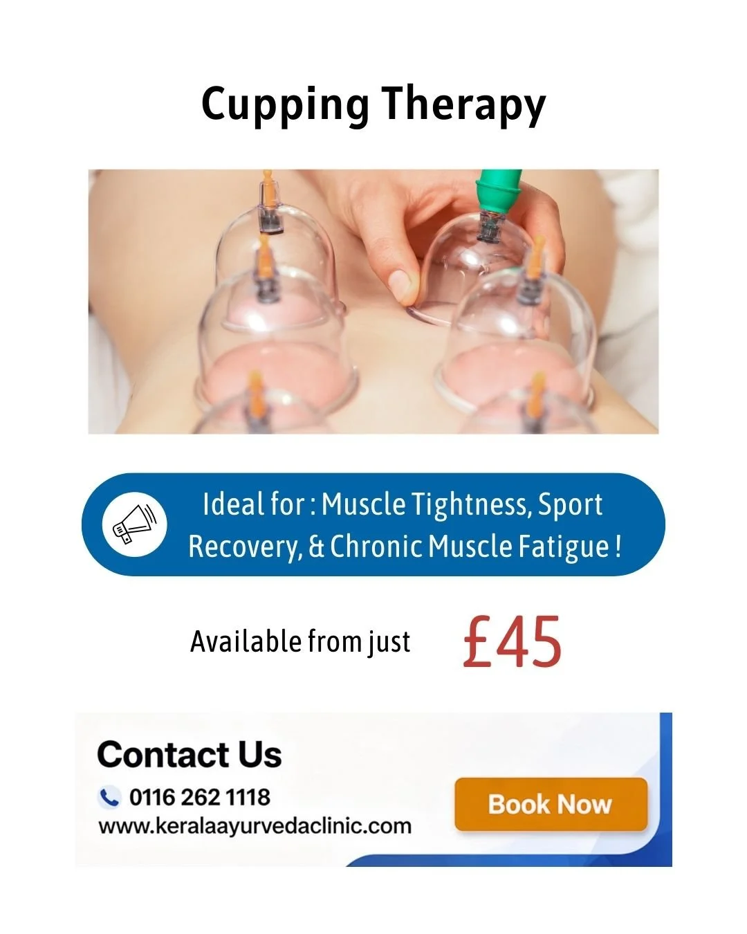 Muscle tightness or persistent back tension?
Cupping Therapy

Supports muscle recovery, reduces tension, and improves circulation.

Available from &pound;45

Kerala Ayurveda Clinic
173 Belgrave Gate, Leicester LE1 3HS

Call: 0116 262 1118, 0116 253 0