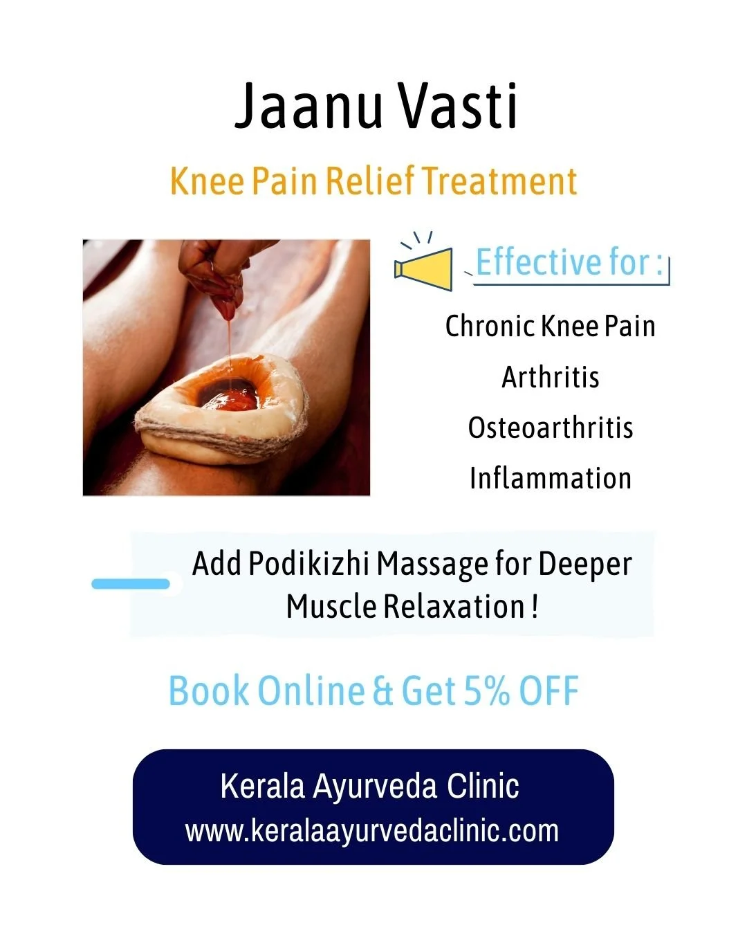 Knee Pain Relief Treatment 
Jaanu Vasti

Helps reduce knee stiffness, joint discomfort, and improve mobility.

Add Podikizhi Massage for deeper muscle relaxation.

Book online and get 5% OFF

Kerala Ayurveda Clinic
173 Belgrave Gate, Leicester LE1 3H