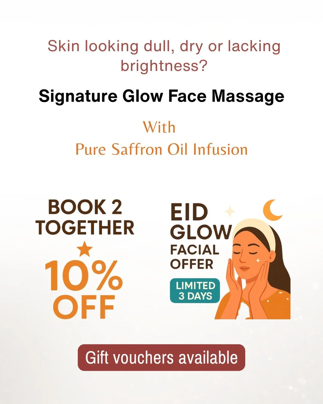 Uneven skin texture or rough patches?

Signature Glow Face Massage
Pure Saffron Oil

Supports smoother, more refined-looking skin.

10% off when 2 are booked together
17&ndash;19 March &bull; Gift vouchers available

☎️ 0116-262-1118 | 0116-253-0057
