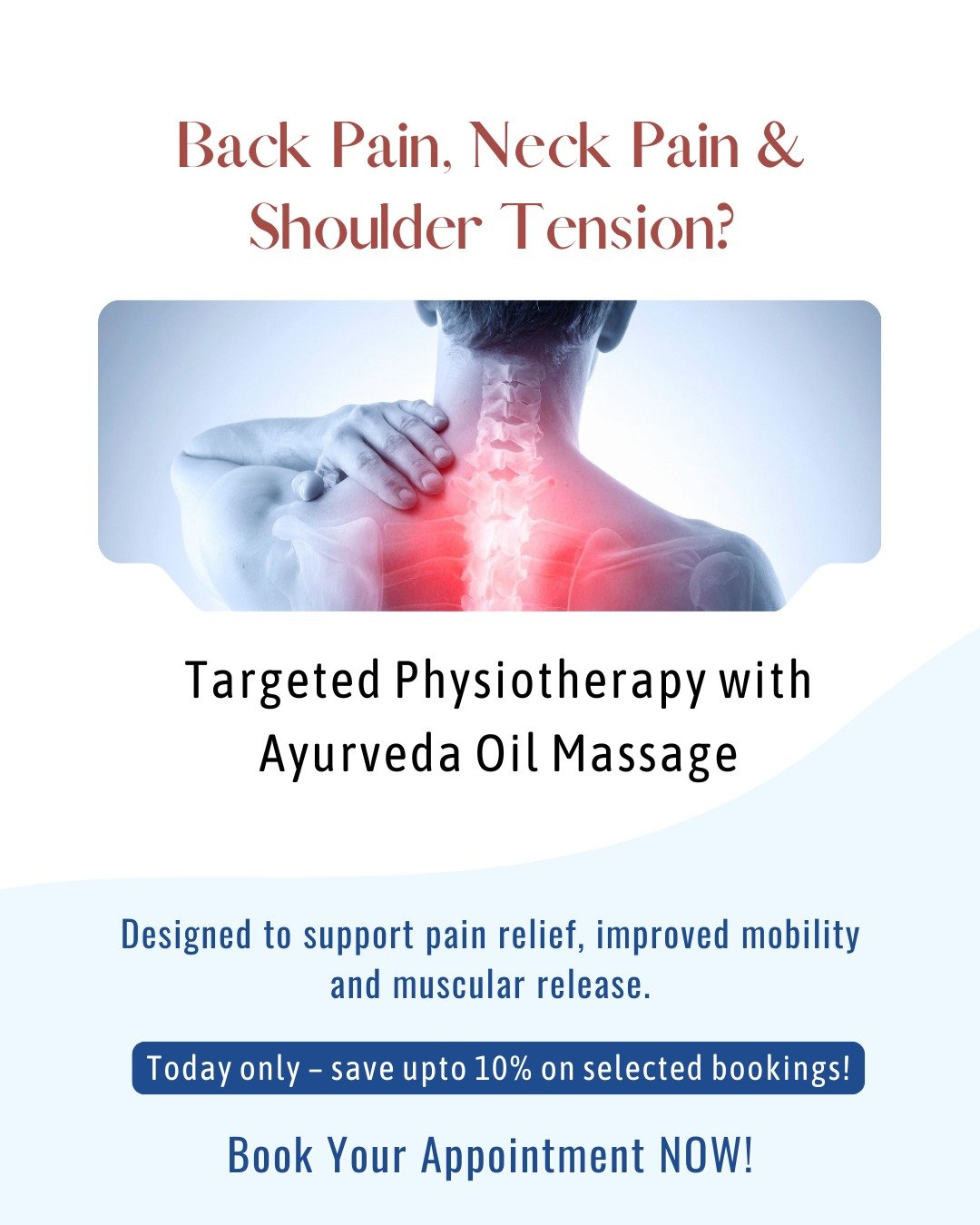 Back pain, neck pain or shoulder tension?

Today is a good day to stop putting it off.

Our Targeted Physiotherapy with Ayurveda Oil Massage is designed for muscular tightness, postural strain, reduced mobility and recurring discomfort.

Today only &