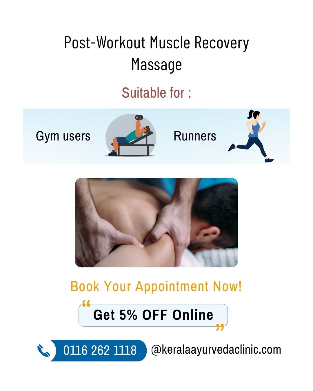 Relive soreness,Recover faster and feel refreshed.

Book now and get g% OFF

📍 Kerala Ayurveda Clinic
📞 0116 262 1118 | 📱 077 020 95000
🌐 www.keralaayurvedaclinic.com

#PostWorkout ##MuscleRecovery
#SportsMassage
#DeepTissueMassage
#MassageTherap