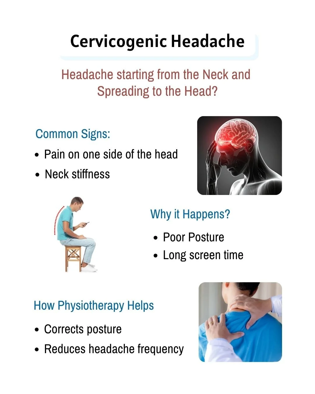 Cervicogenic Headache 

Neck-related headaches caused by posture or muscle strain.

Physiotherapy helps reduce pain, improve mobility, and correct posture. 

Physiotherapy sessions start from &pound;60

Kerala Ayurveda Clinic
173 Belgrave Gate, Leice