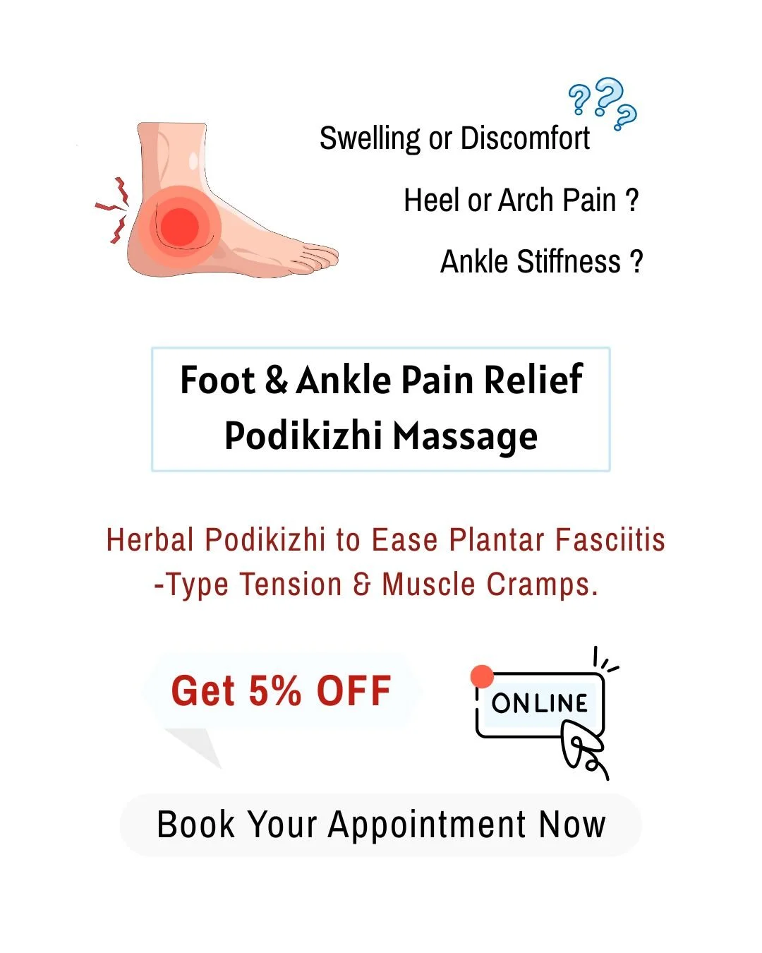 Foot &amp; Ankle Pain Relief 

Podikizhi Massage helps reduce pain, ease stiffness, and improve movement.

Book online and get 5% OFF

Kerala Ayurveda Clinic
173 Belgrave Gate, Leicester LE1 3HS
📞 0116 262 1118
🌐 www.keralaayurvedaclinic.com

#Foot