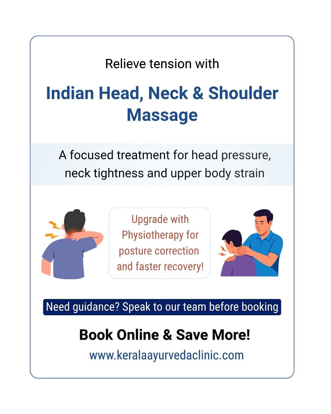 Indian Head, Neck &amp; Shoulder Massage

Targeted treatment for head pressure, neck tightness and upper body strain.

Physiotherapy Support Available
For more structured results

Book Online Now
www.keralaayurvedaclinic.com

#HeadacheRelief #Migrain
