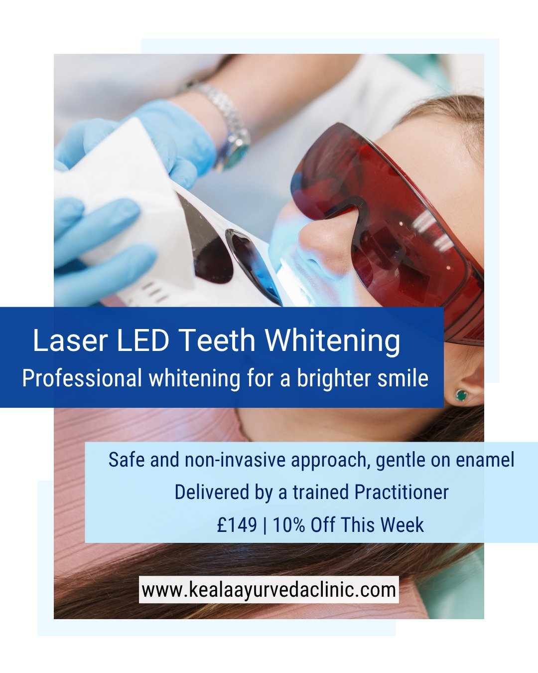 Laser LED Teeth Whitening

Professional cosmetic whitening to improve tooth appearance and reduce visible staining from coffee, tea and smoking.

Using LED light technology for an even whitening effect across front visible teeth.

&pound;149 | Get 10