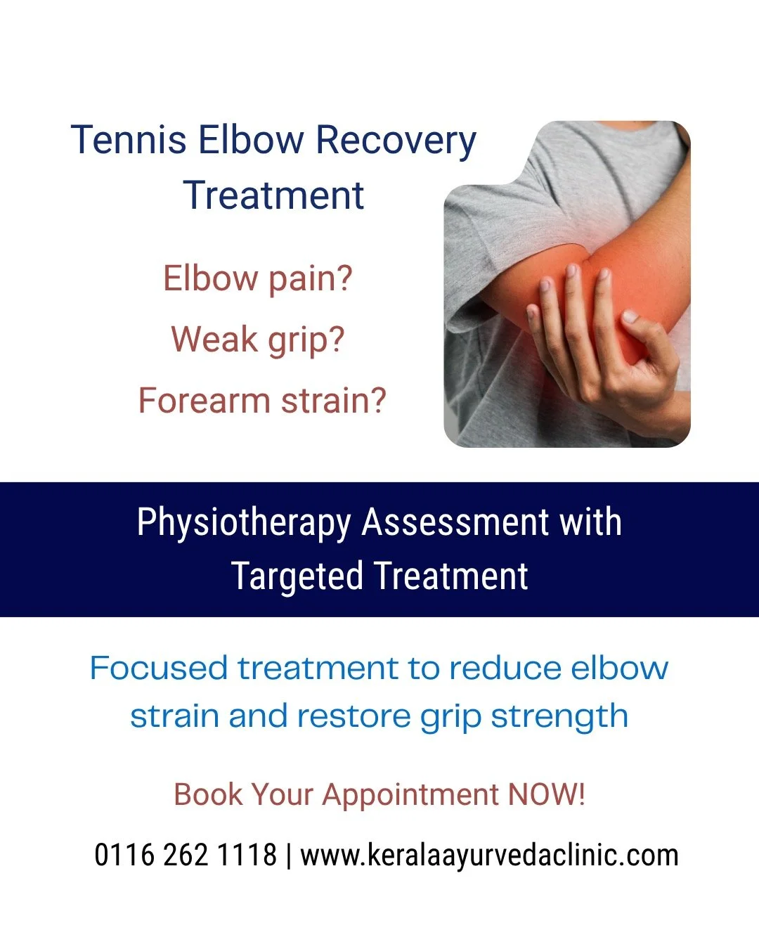 Elbow pain affecting lifting, gripping or daily tasks?

Tennis Elbow Recovery Treatment at Kerala Ayurveda Clinic

Physiotherapy assessment with targeted treatment included

Focused on reducing strain and improving arm function.

Book online
www.kera