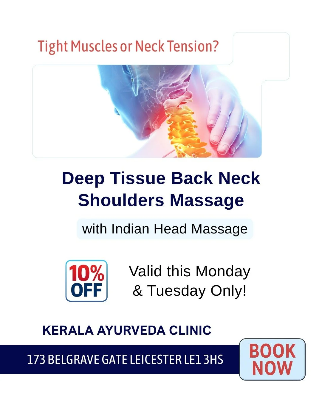 Deep Tissue Back, Neck &amp; Shoulder Massage with Indian Head Massage

A focused upper body session for neck pain, shoulder tension and back tightness.

10% off this Monday and Tuesday only. Limited appointments available.

Kerala Ayurveda Clinic, L