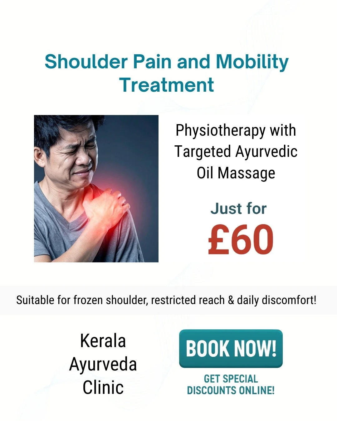Shoulder pain, stiffness or reduced movement?

Shoulder Pain and Mobility Treatment

Suitable for shoulder discomfort, tight muscles, posture strain and frozen shoulder.

Focused support to help improve movement and everyday comfort.

45 mins &bull; 
