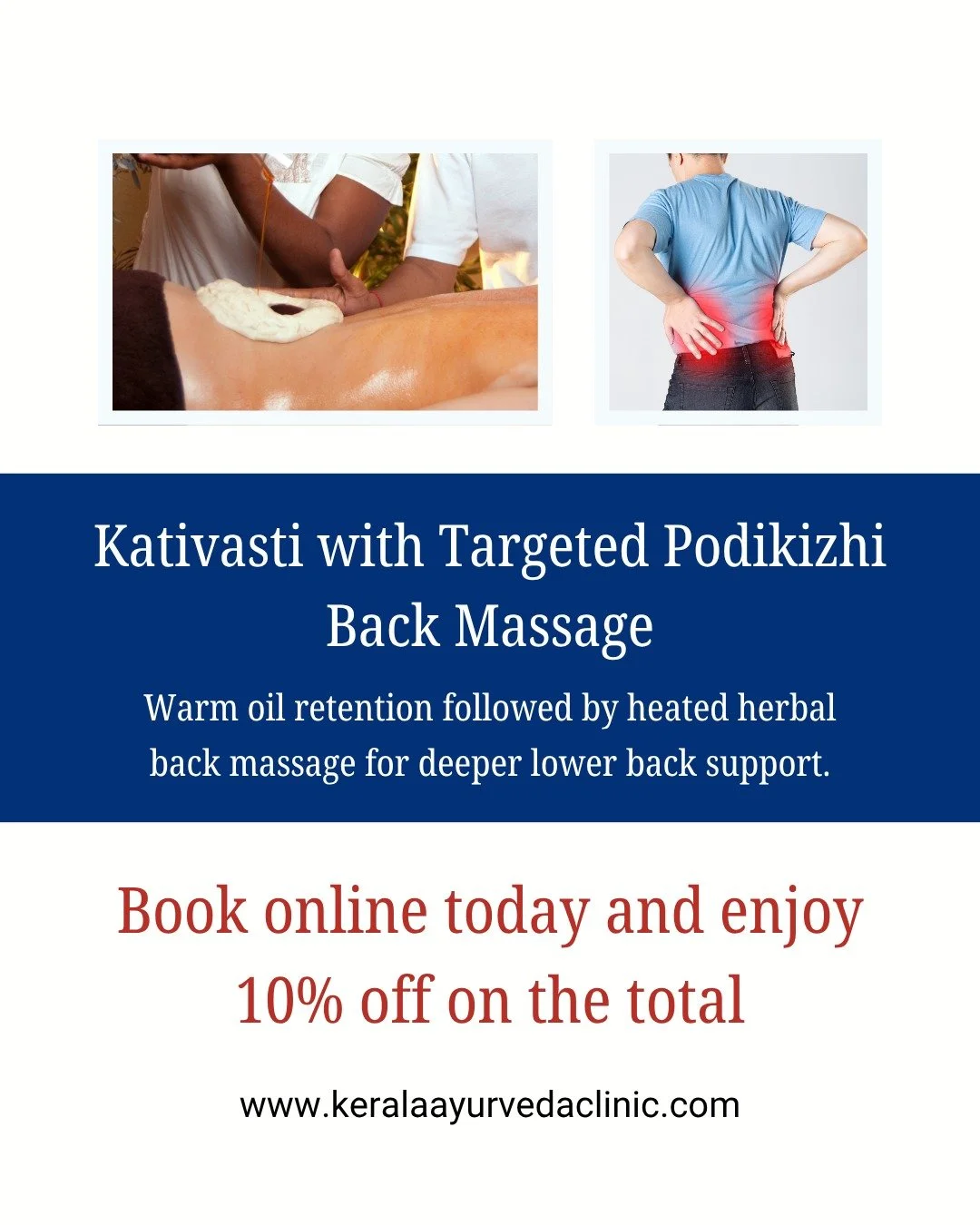 Long hours sitting, driving or lifting can make sciatica and lower back pain worse.

Kativasti - Targeted Relief for Lower Back Pain
+ Targeted Podikizhi Back Massage

A targeted Ayurvedic massage combination for lower back stiffness, sciatica pain a