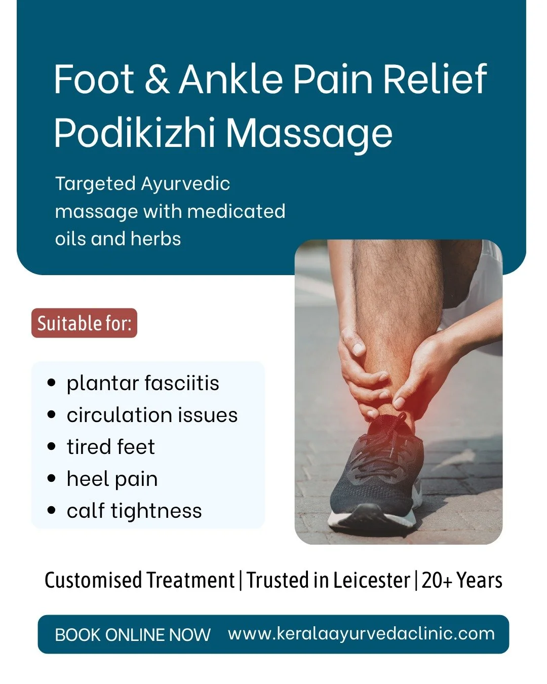 Foot &amp; Ankle Pain Relief Podikizhi Massage

Targeted Ayurvedic massage with medicated oils and herbs for plantar fasciitis, heel pain, circulation issues and tired feet.

Book this Wednesday and get 10% off.

Customised treatment. Trusted in Leic