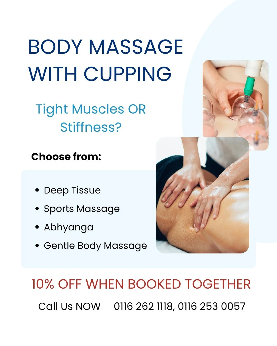 TIGHT MUSCLES OR STIFFNESS?

Body Massage with Cupping

Choose from:
Deep Tissue Massage | Sports Massage | Abhyanga Body Massage | Body Massage

For muscular tension, back tightness, shoulder stiffness and recovery support

Book together and get 10%