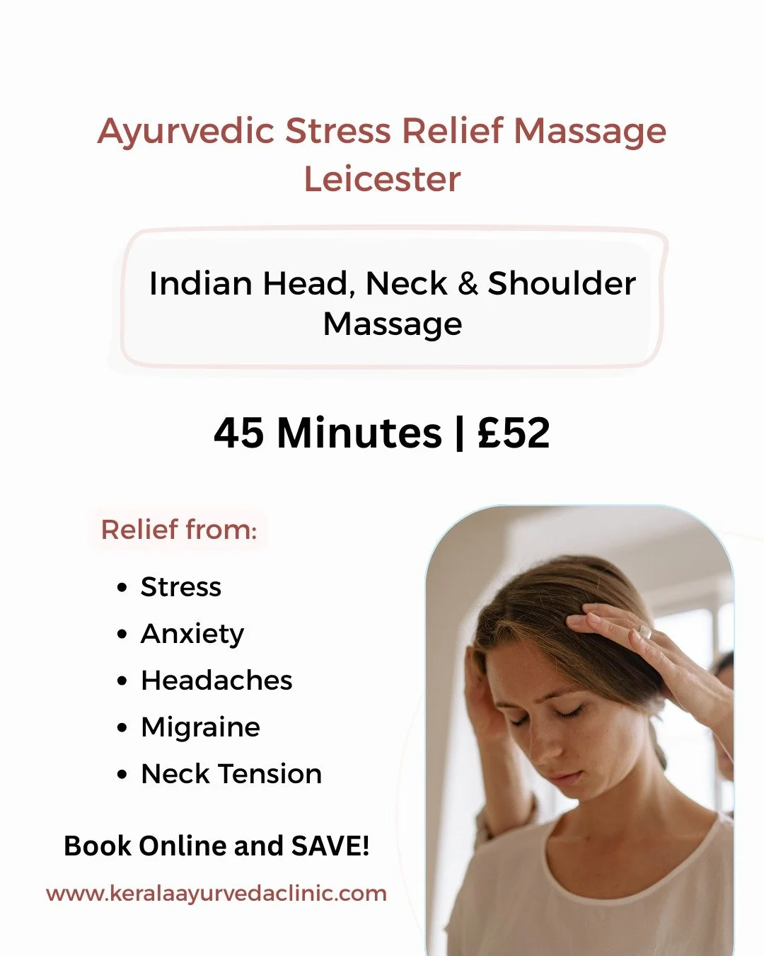Ayurvedic Stress Relief Massage Leicester

Indian Head, Neck &amp; Shoulder Massage

Helpful for tension headaches, neck stiffness, mental fatigue and stress recovery.

45 Minutes | &pound;52

Book online and save.

📍 Kerala Ayurveda Clinic
📞 0116-