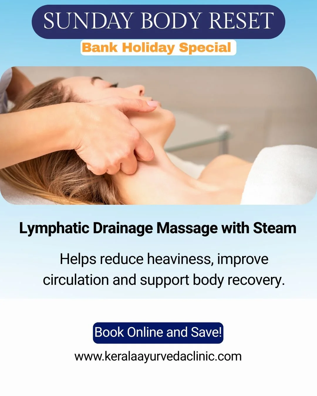 SUNDAY BODY RESET 
Lymphatic Drainage Massage with Steam
 
Helps reduce heaviness, improve circulation and support body recovery

Bank Holiday Special Book Online &amp; Save!

📍 Kerala Ayurveda Clinic
173 Belgrave Gate, Leicester, LE1 3HS
📞 0116-26