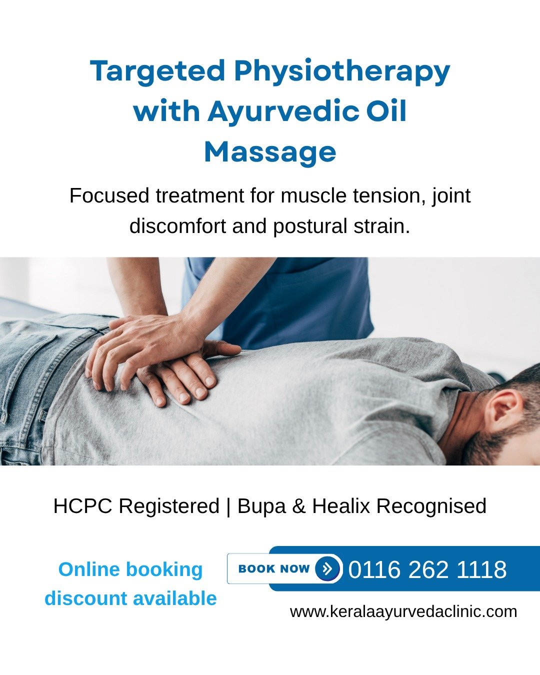 Back pain, neck pain or tight muscles?

Targeted Physiotherapy with Ayurvedic Oil Massage

Assessment-led treatment combined with focused body massage for pain relief and improved movement.

&pound;75
Book online &amp; get special discount

📍 Kerala