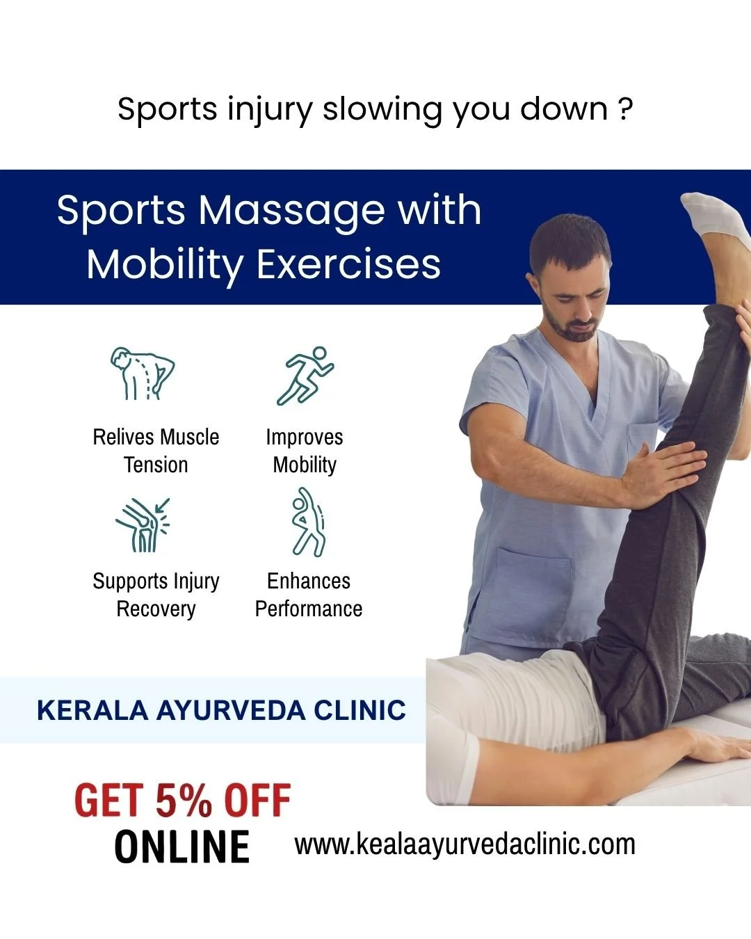 Sports injury slowing you down?

Sports Massage with Mobility Exercises 

Supports recovery from muscle strain, improves mobility, and helps relieve sports injuries.

Book online &amp; get special discount

📍 Kerala Ayurveda Clinic, Leicester
📞 011