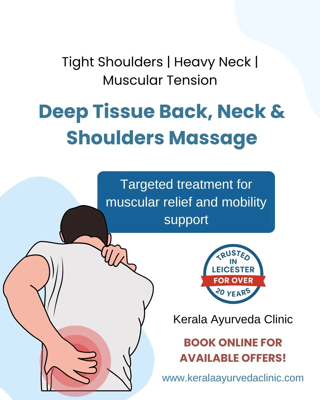 Back tension building up? Neck feeling stiff? Shoulders constantly tight?

Deep Tissue Back, Neck &amp; Shoulders Massage

Focused treatment for muscular tension, posture strain and upper body tightness.

From &pound;55

Special online booking offer 