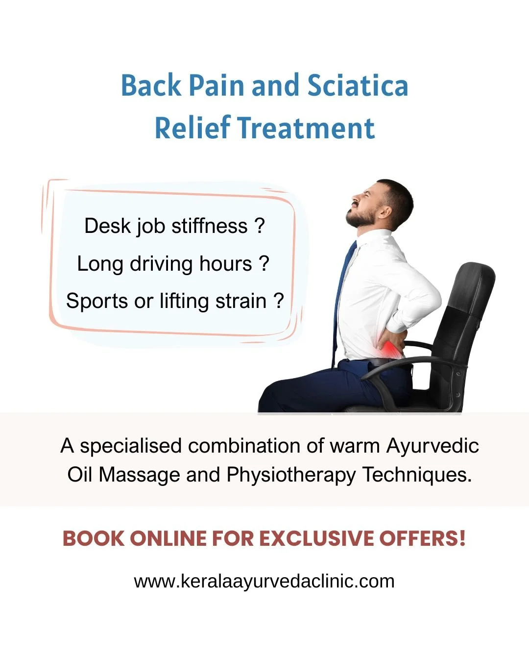 Back pain slowing you down? Sciatica causing discomfort?

Back Pain &amp; Sciatica Relief Treatment

A specialised combination of warm oil massage and physiotherapy techniques !

60 Minutes &ndash; &pound;75
Special online booking offer available

#B