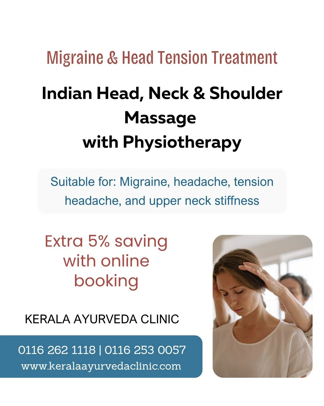 Indian Head, Neck &amp; Shoulder Massage with Physiotherapy support.

Focused on:
Upper neck tension | posture strain | migraine-related tightness | screen-related strain

&pound;65 &bull; 55 Minutes

Valid this weekend only + online booking saving


