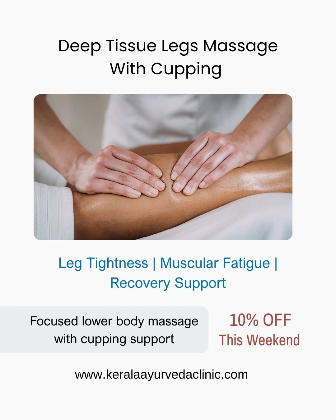 Deep Tissue Legs Massage with Cupping 

Focused support for: Tight calves | lower body strain | heavy legs | muscular recovery Weekend Booking Offer &bull; 

10% OFF Professional therapists trusted across Leicester for over 20 years.

Kerala Ayurveda